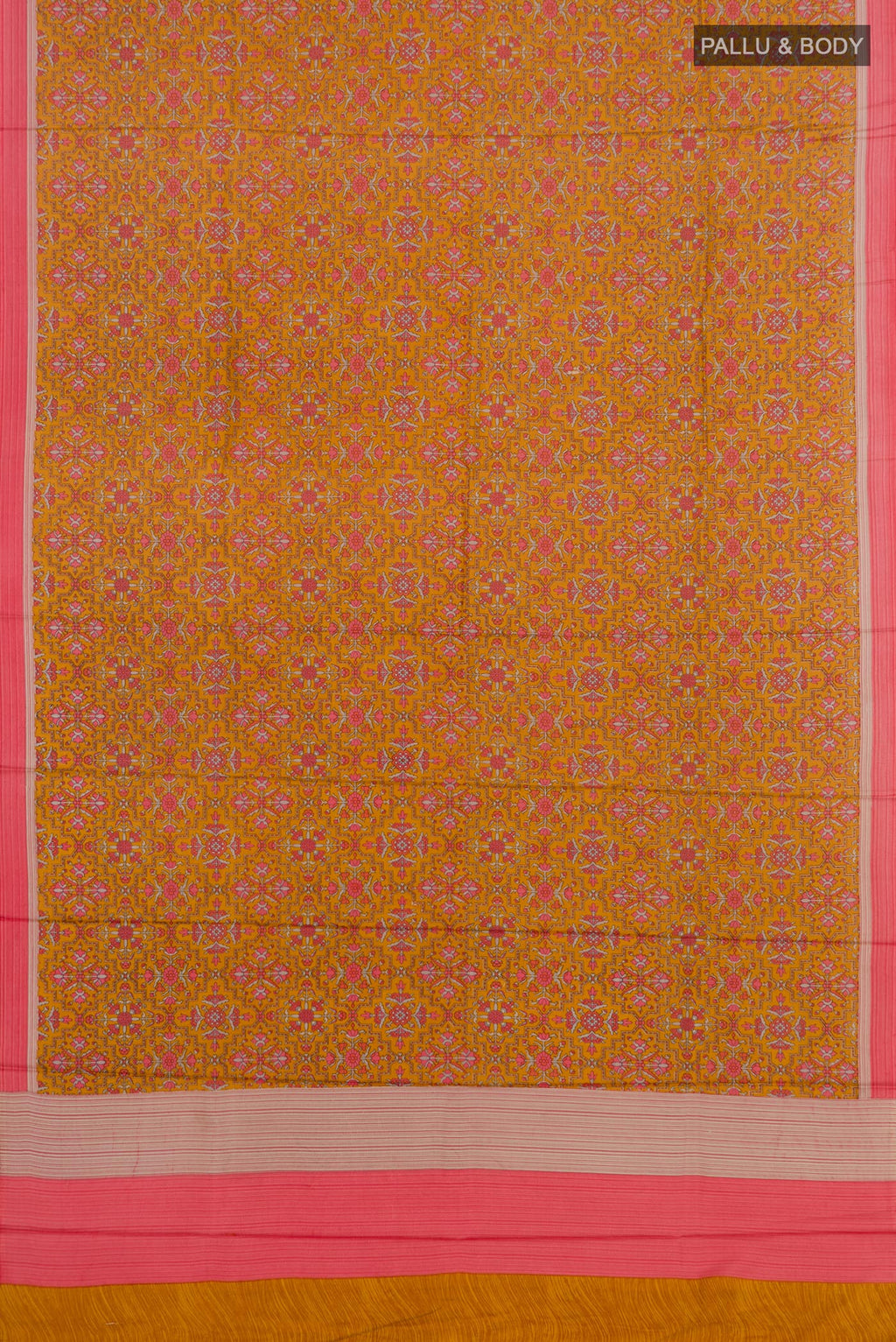 Flat view of Yellow Printed Silk Saree with Printed design on the body and Plain Border. 