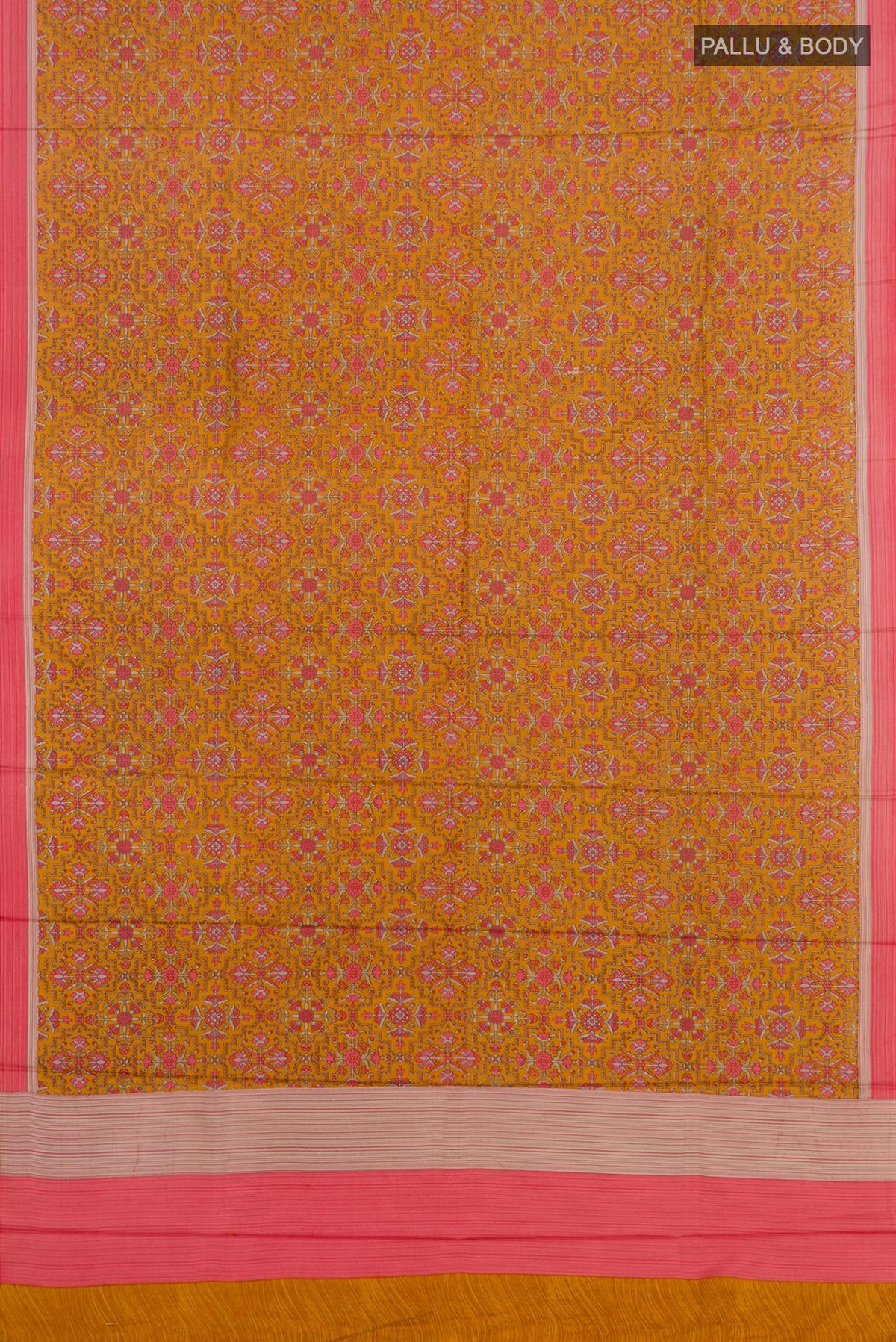 Flat view of Yellow Printed Silk Saree with Printed design on the body and Plain Border. 