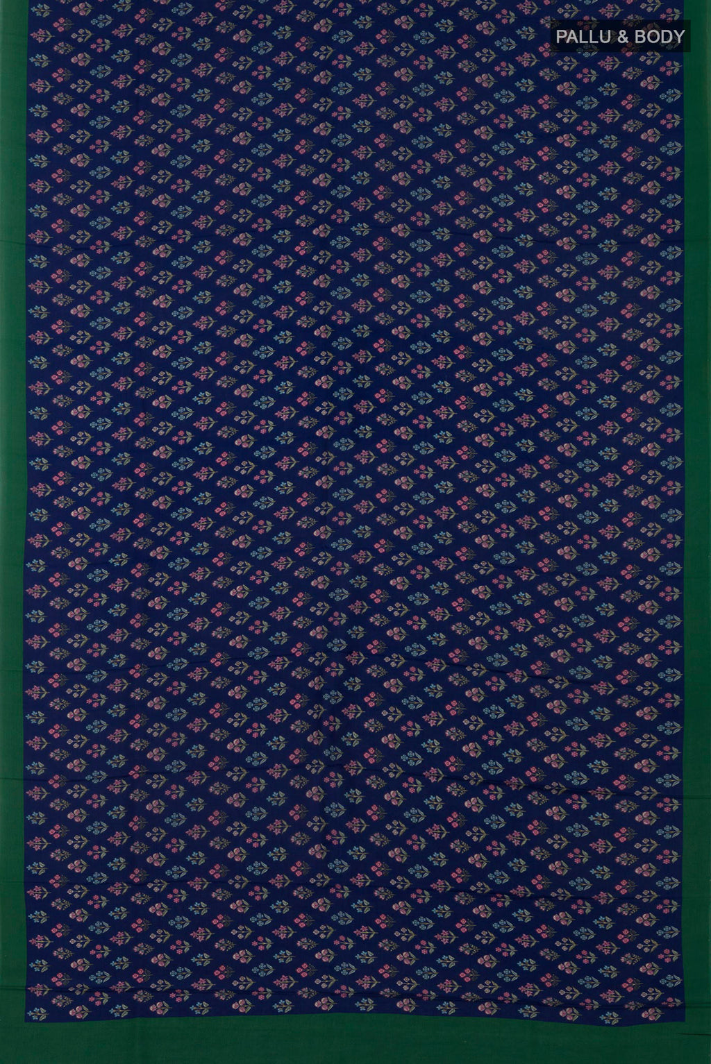Flat view of Blue Printed Silk Saree with Printed design on the body and Plain Border. 