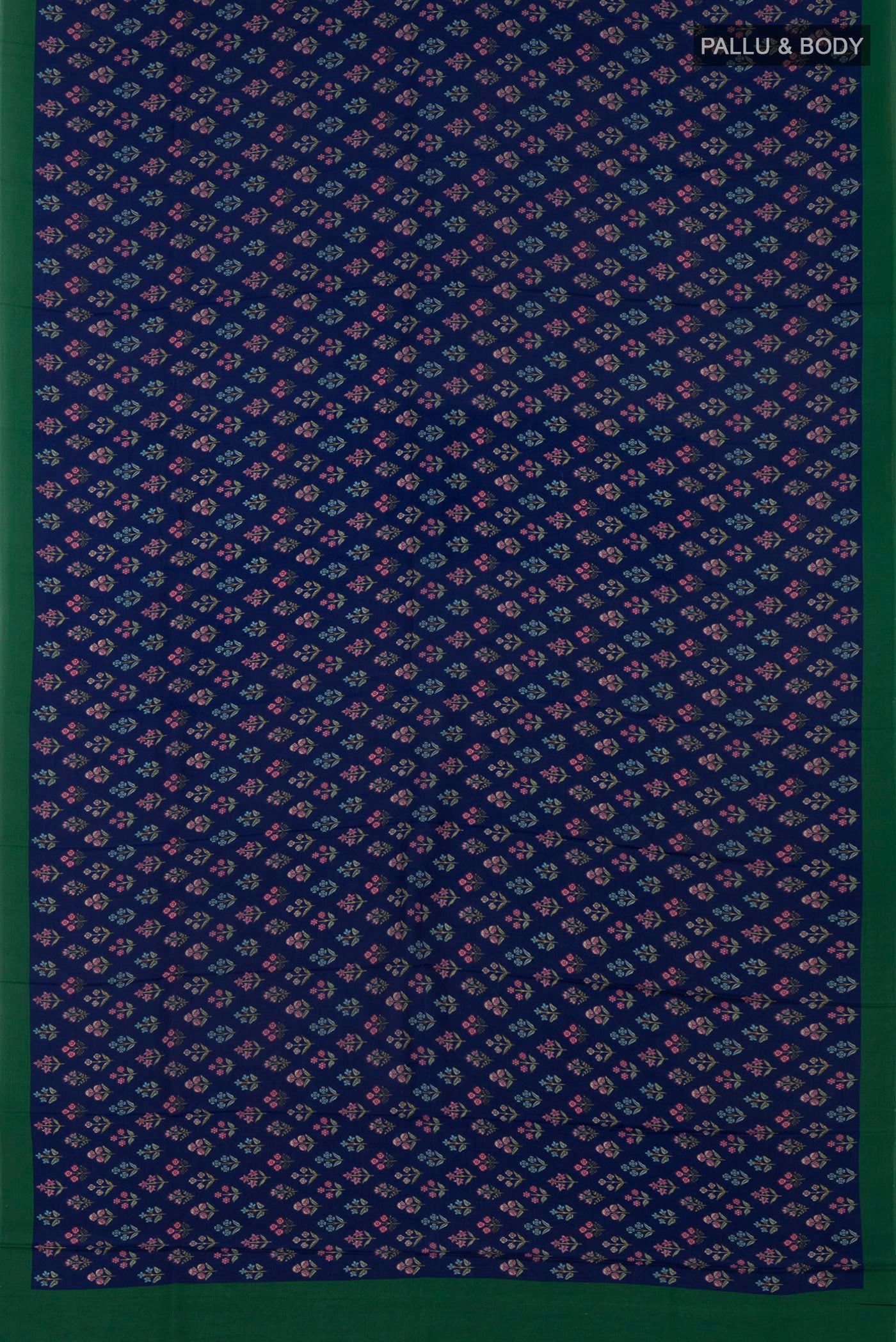 Flat view of Blue Printed Silk Saree with Printed design on the body and Plain Border. 