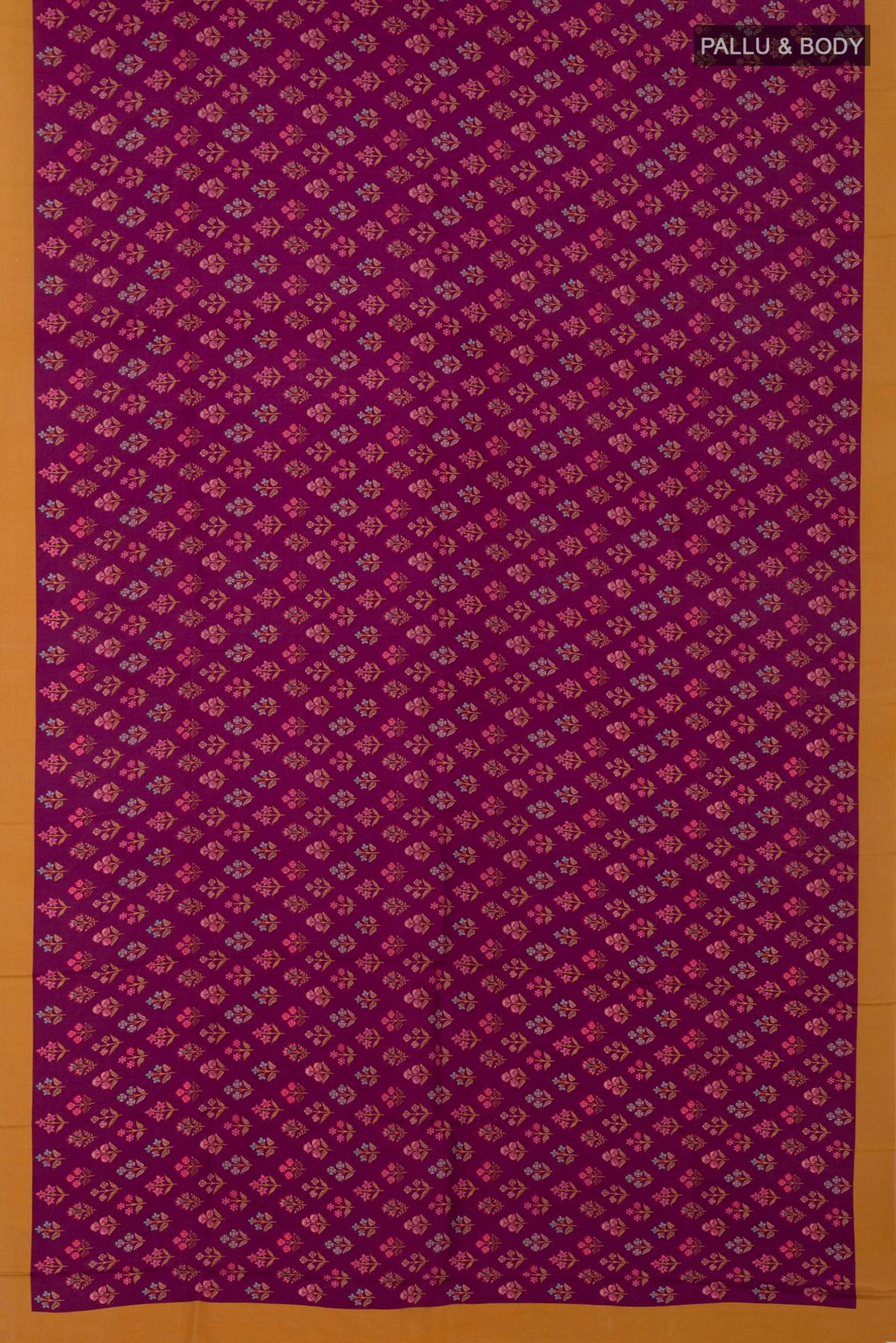 Flat view of Purple Printed Silk Saree with Printed design on the body and Plain Border. 