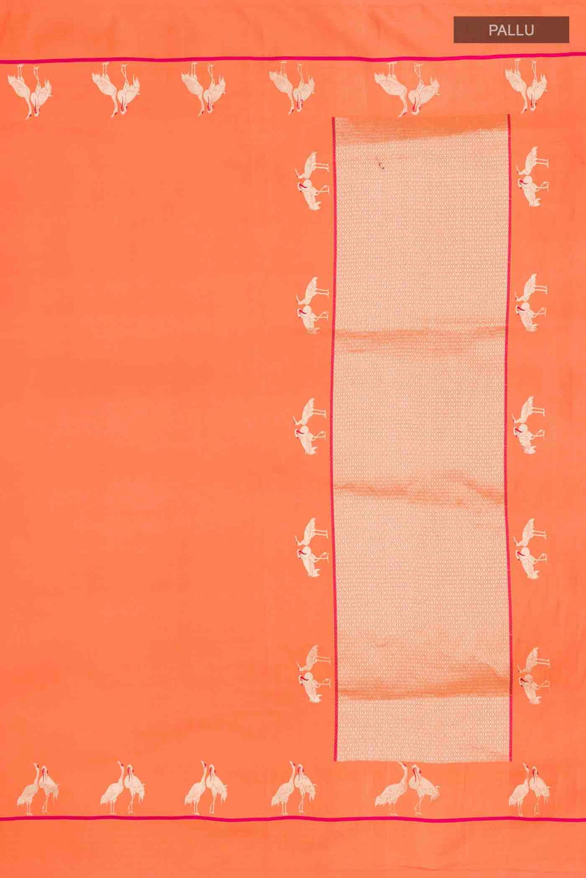 Close up image of the pallu of Orange Banarasi Silk Saree with Plain Body and Thread Border