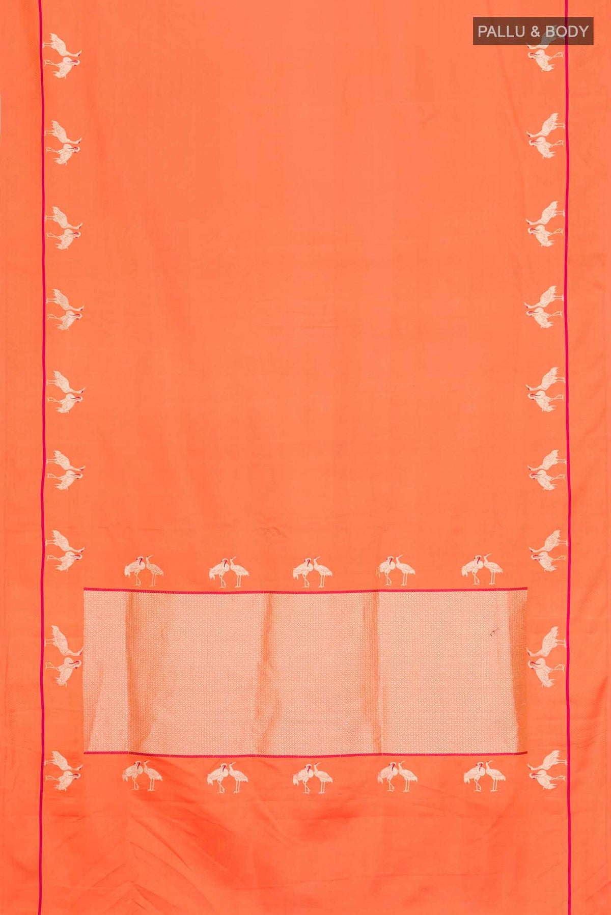 Flat view of Orange Banarasi Silk Saree with Plain Body and Thread Border