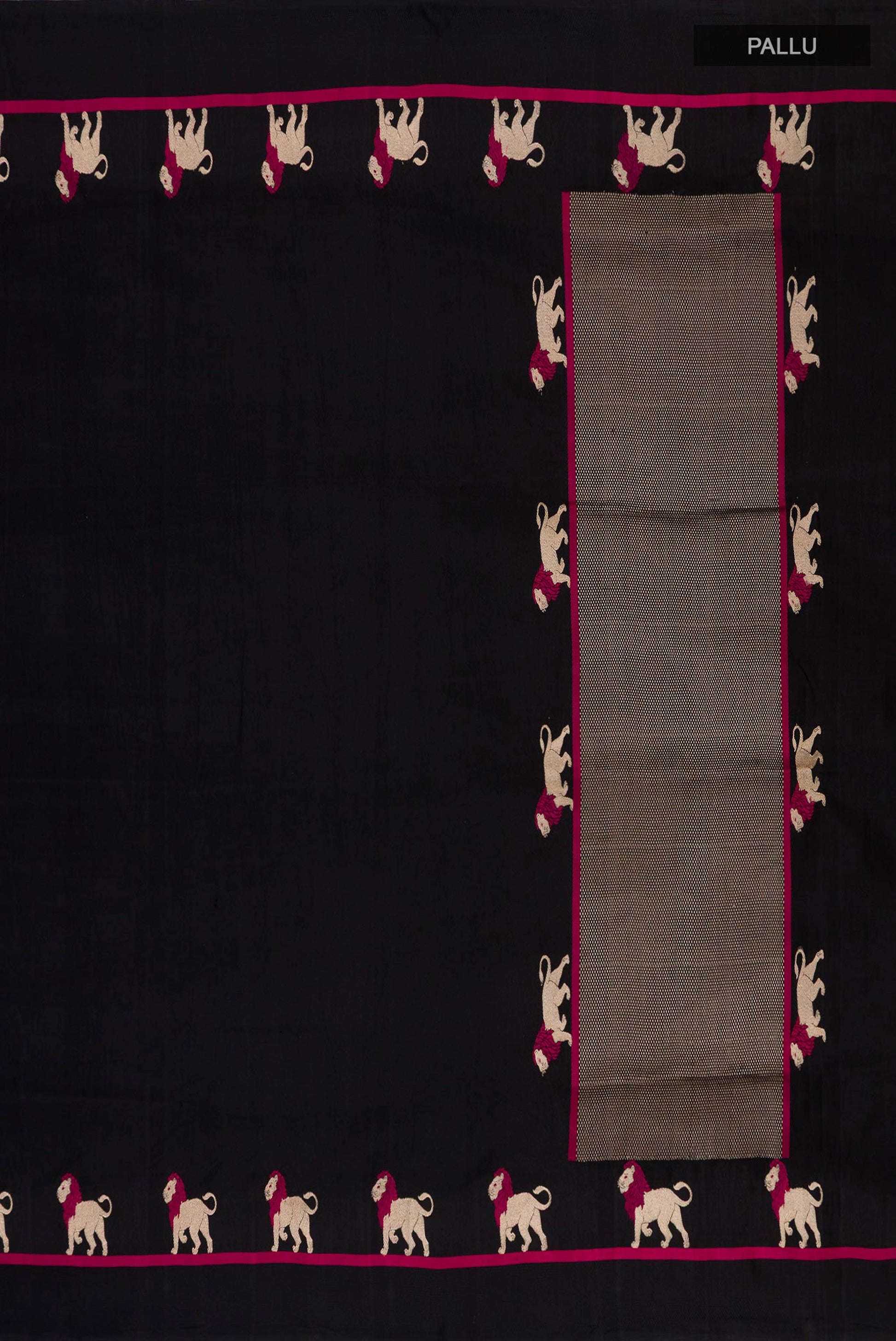 Close up image of the pallu of Black Banarasi Silk Saree with Plain Body and Fancy Border. 