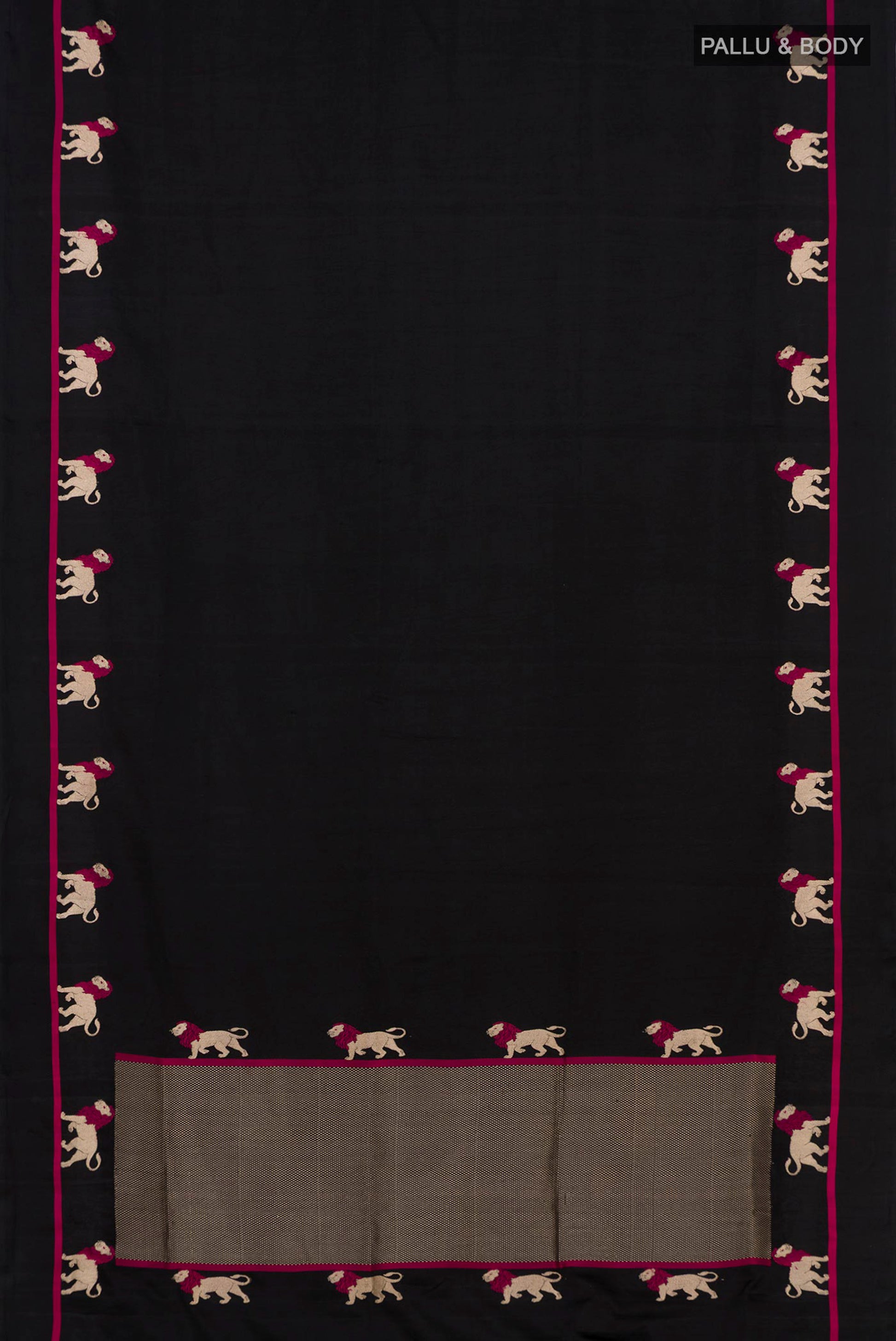 Flat view of Black Banarasi Silk Saree with Plain Body and Fancy Border. 