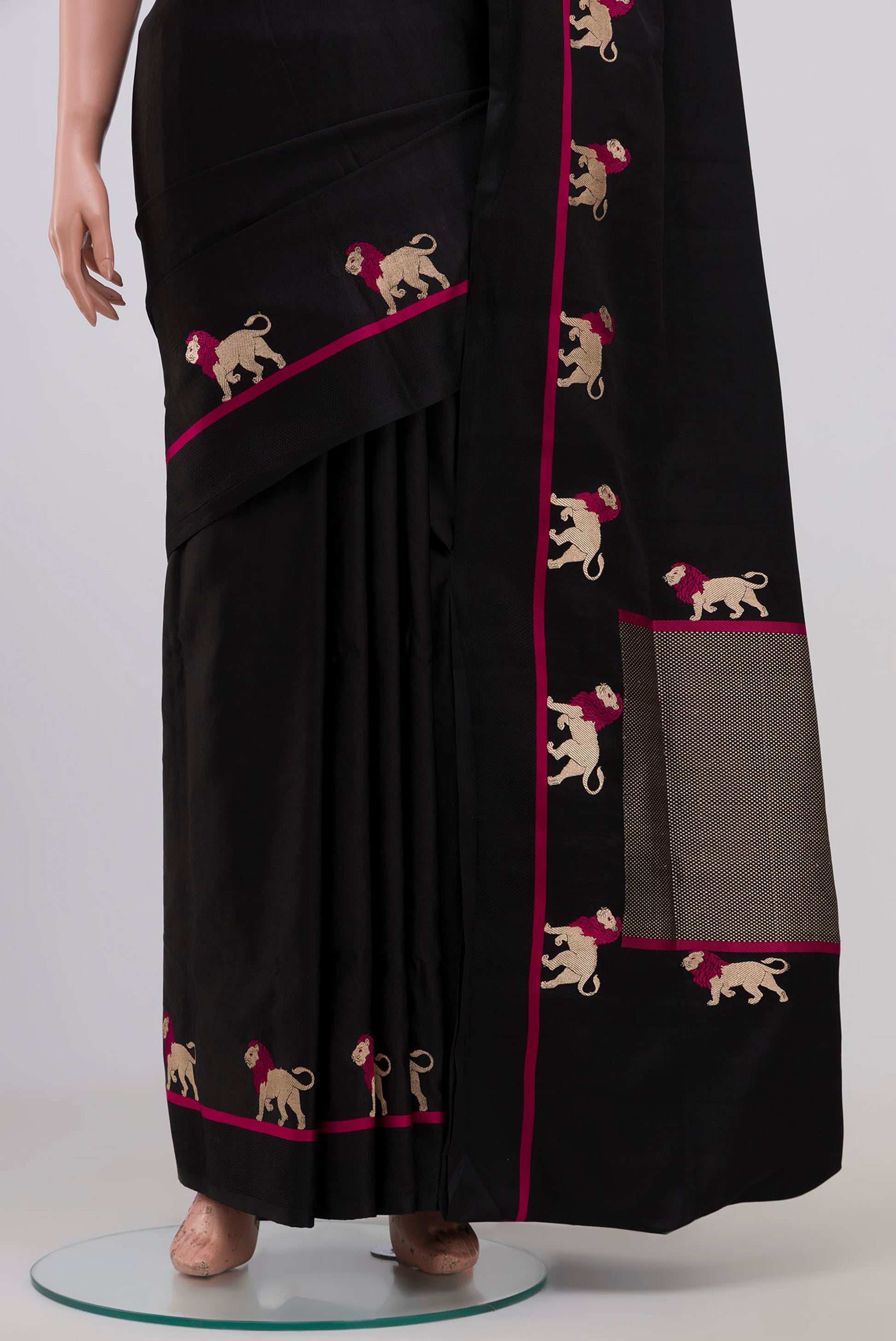 Pleats and pallu of Black Banarasi Silk Saree with Plain Body and Fancy Border. 