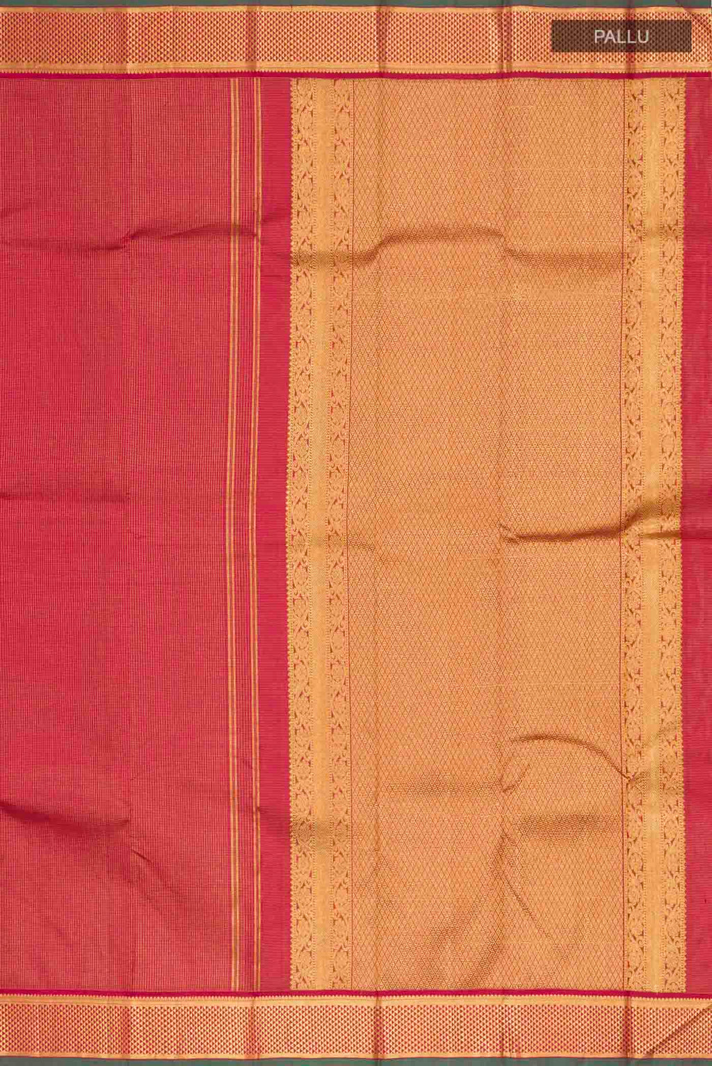 Close up image of the pallu of Maroon Kanchipuram Silk Saree with Checked design on the body and Zari Border