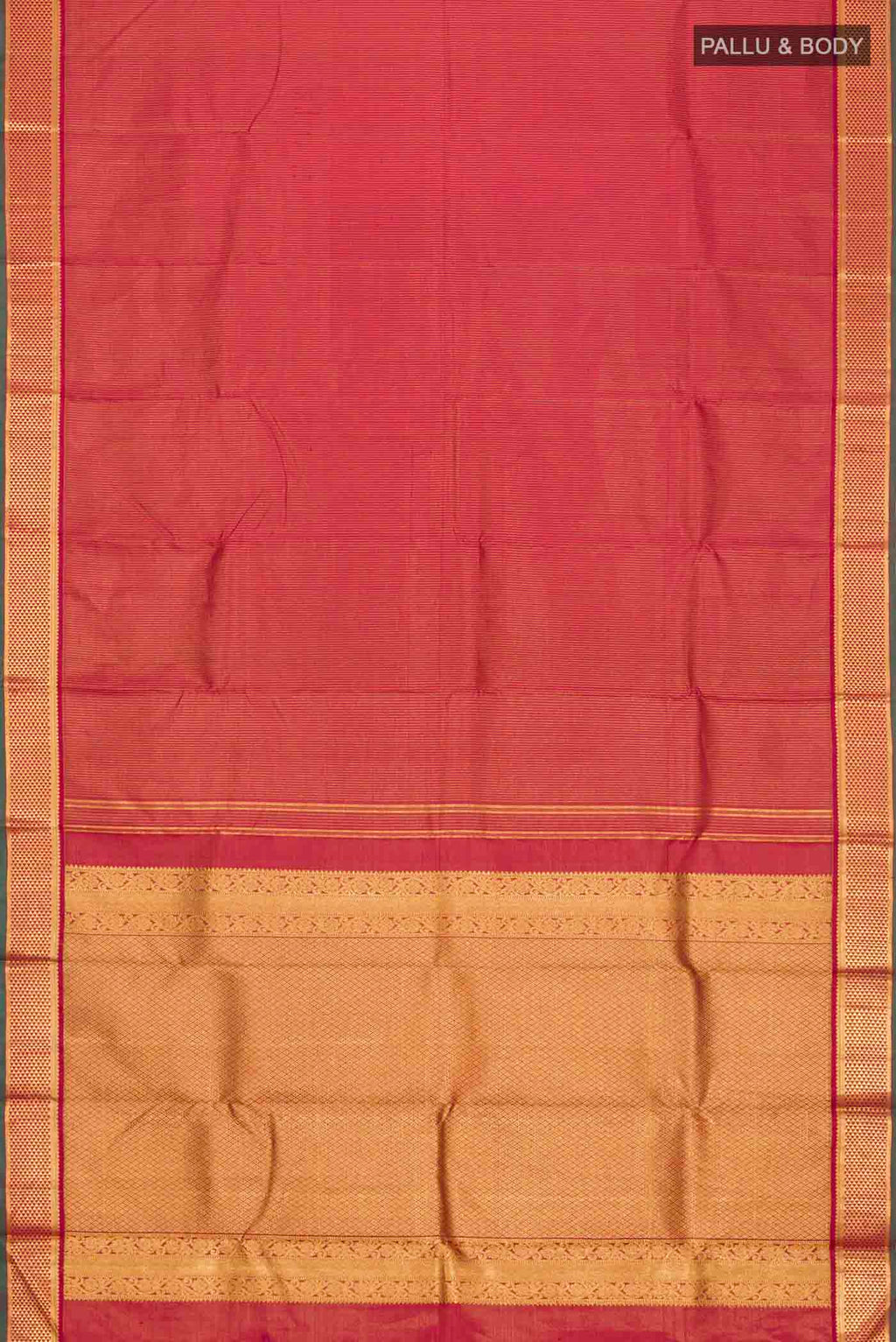Flat view of Maroon Kanchipuram Silk Saree with Checked design on the body and Zari Border