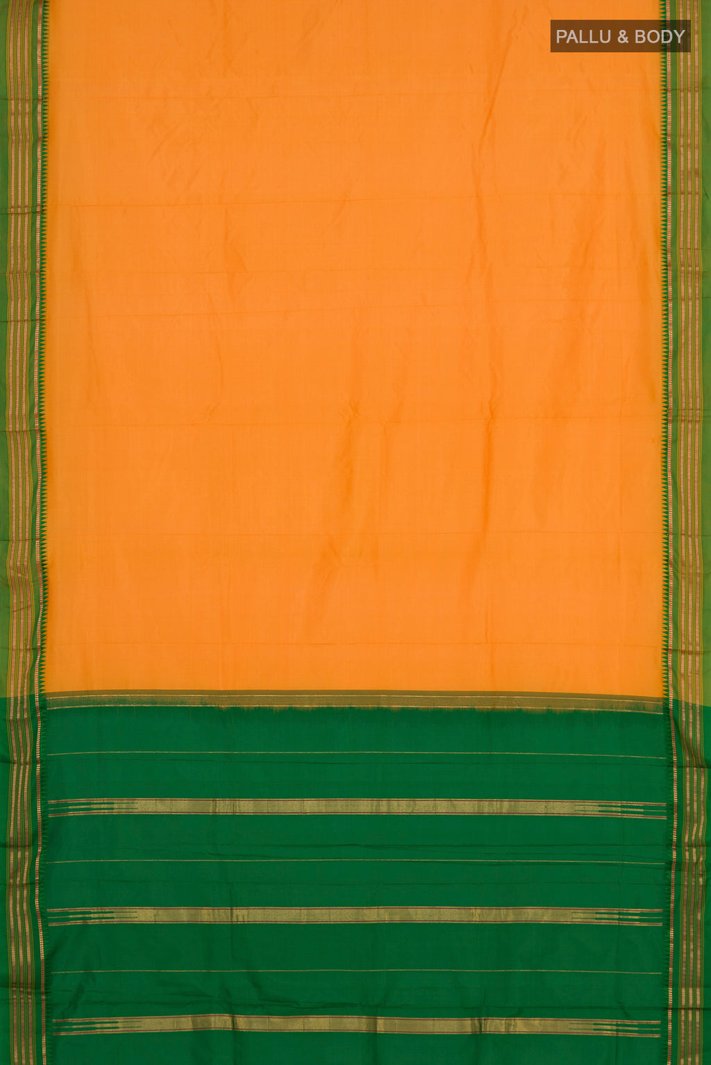 Flat view of Yellow Narayanpet Silk Saree with Plain Body and Zari Border. 