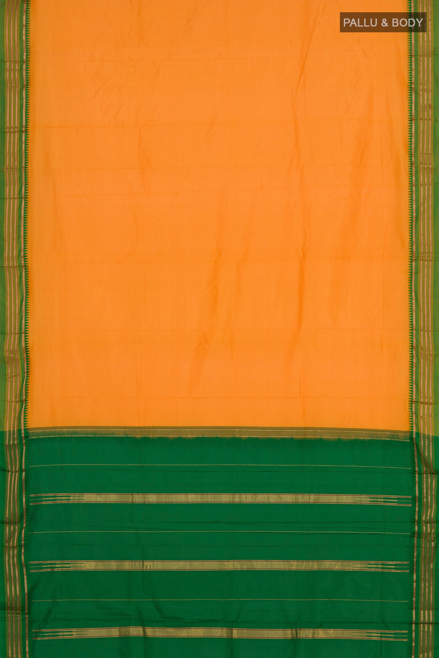 Flat view of Yellow Narayanpet Silk Saree with Plain Body and Zari Border. 