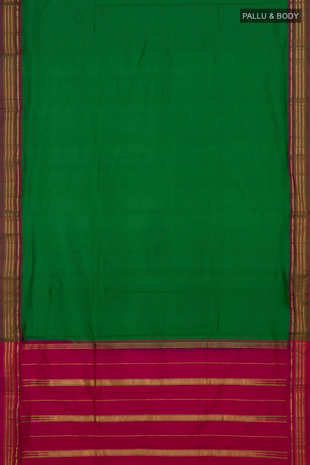 Flat view of Green Narayanpet Silk Saree with Plain Body and Zari Border. 