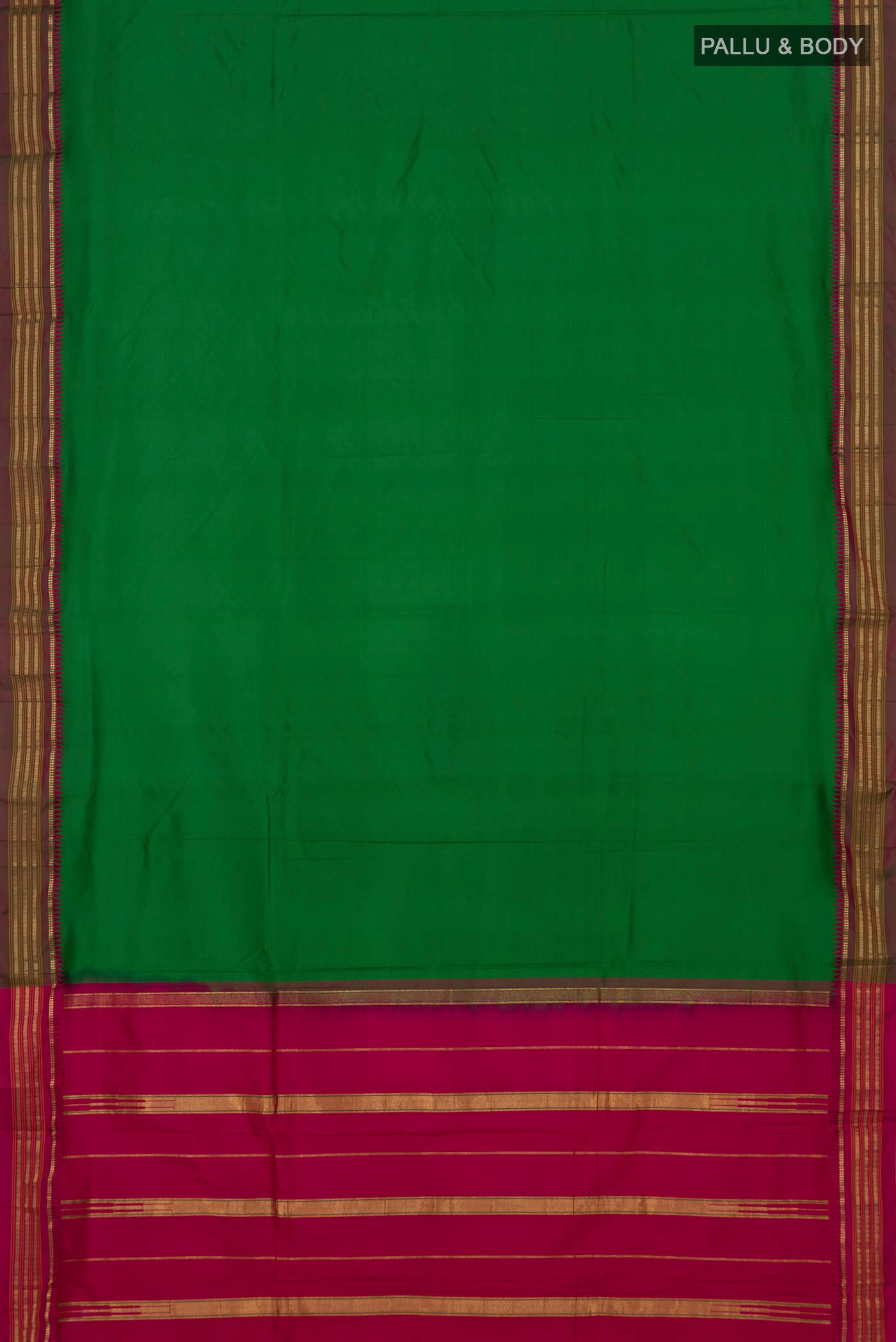 Flat view of Green Narayanpet Silk Saree with Plain Body and Zari Border. 