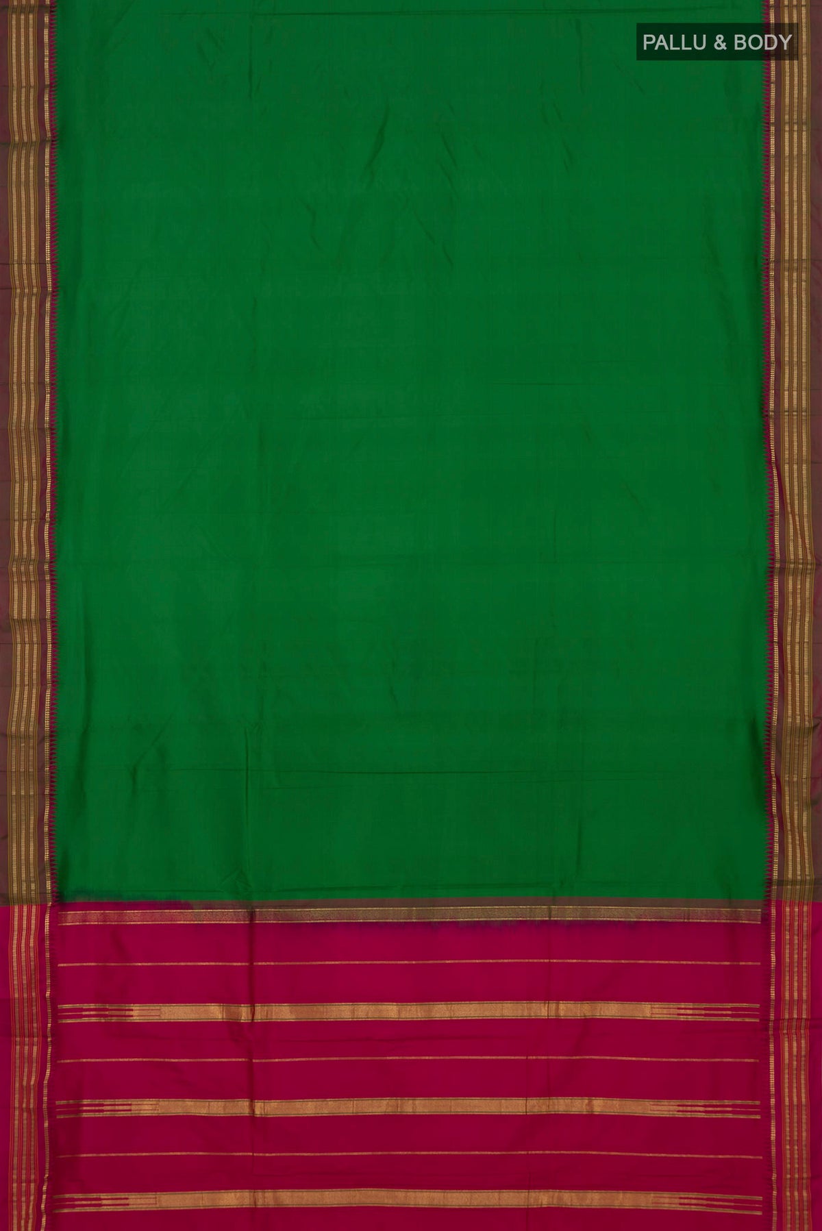 Flat view of Green Narayanpet Silk Saree with Plain Body and Zari Border. 