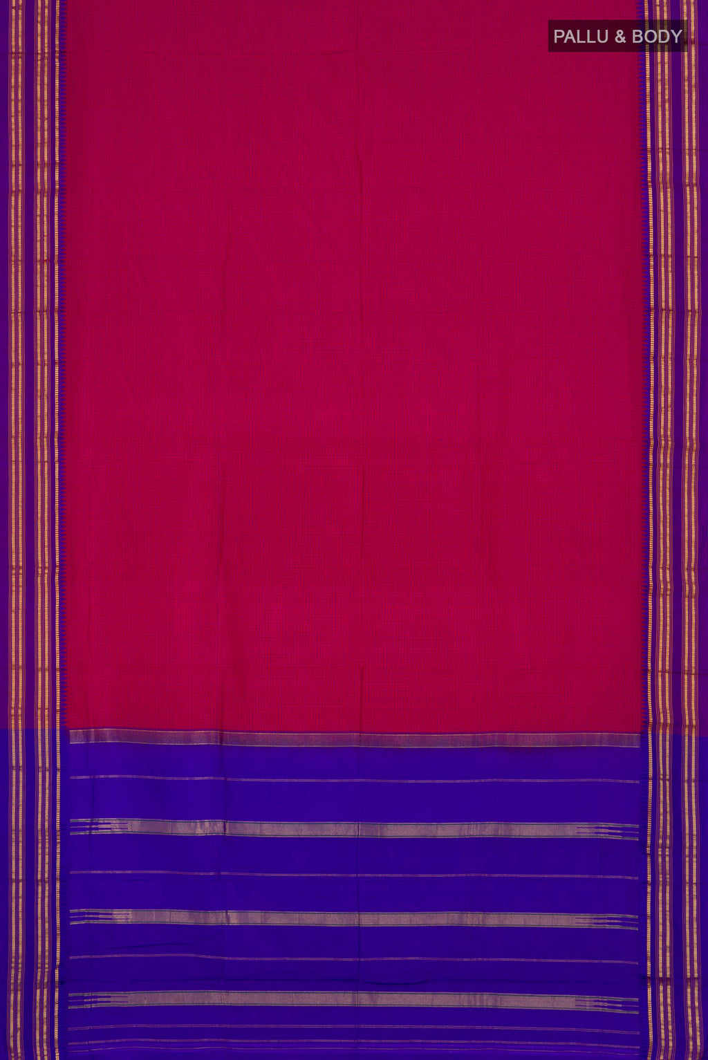 Flat view of Pink Narayanpet Silk Saree with Checked design on the body and Thin Zari Line. 