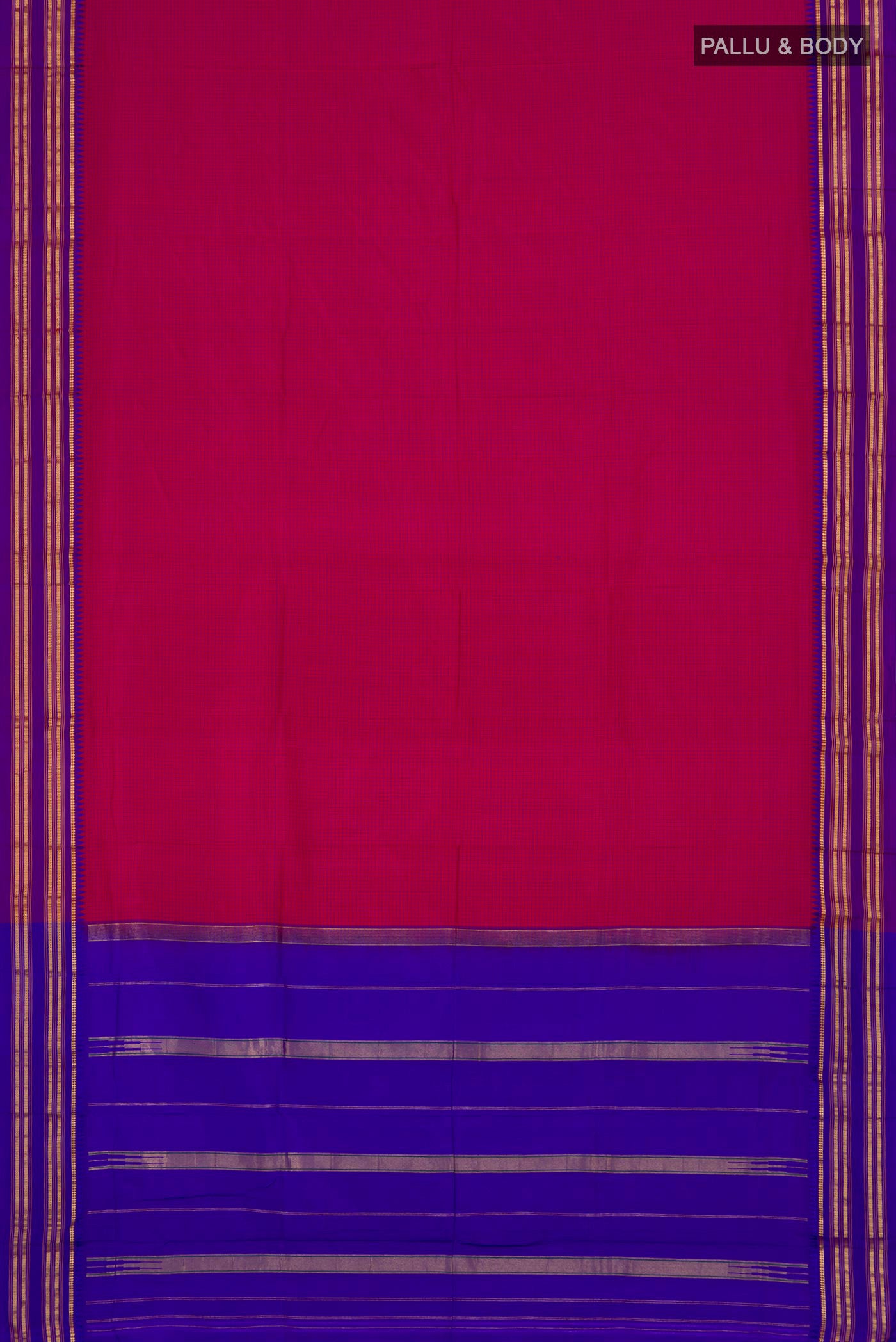 Flat view of Pink Narayanpet Silk Saree with Checked design on the body and Thin Zari Line. 