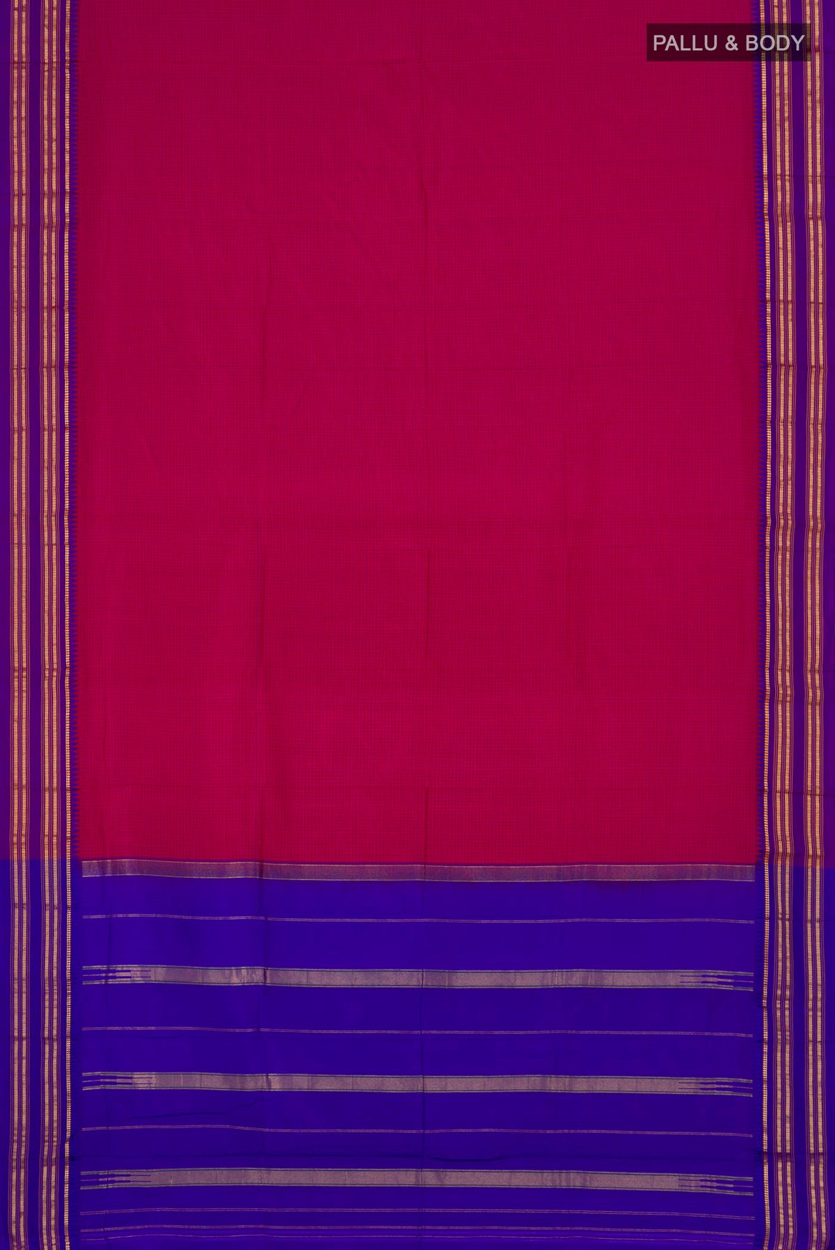 Flat view of Pink Narayanpet Silk Saree with Checked design on the body and Thin Zari Line. 