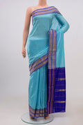 Sky Blue Narayanpet Silk Saree with Checked design on the body and Thin Zari Line.  displayed on a mannequin