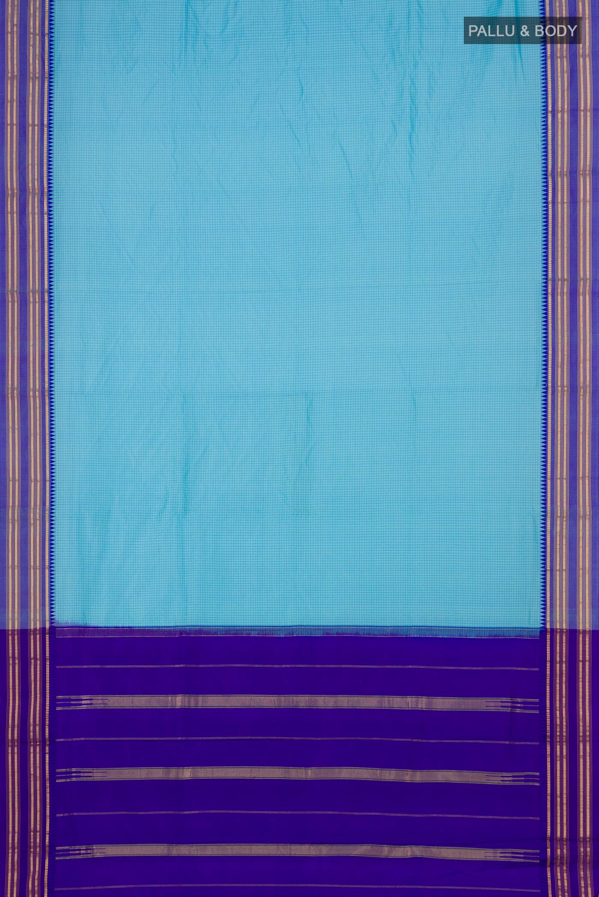 Flat view of Sky Blue Narayanpet Silk Saree with Checked design on the body and Thin Zari Line. 