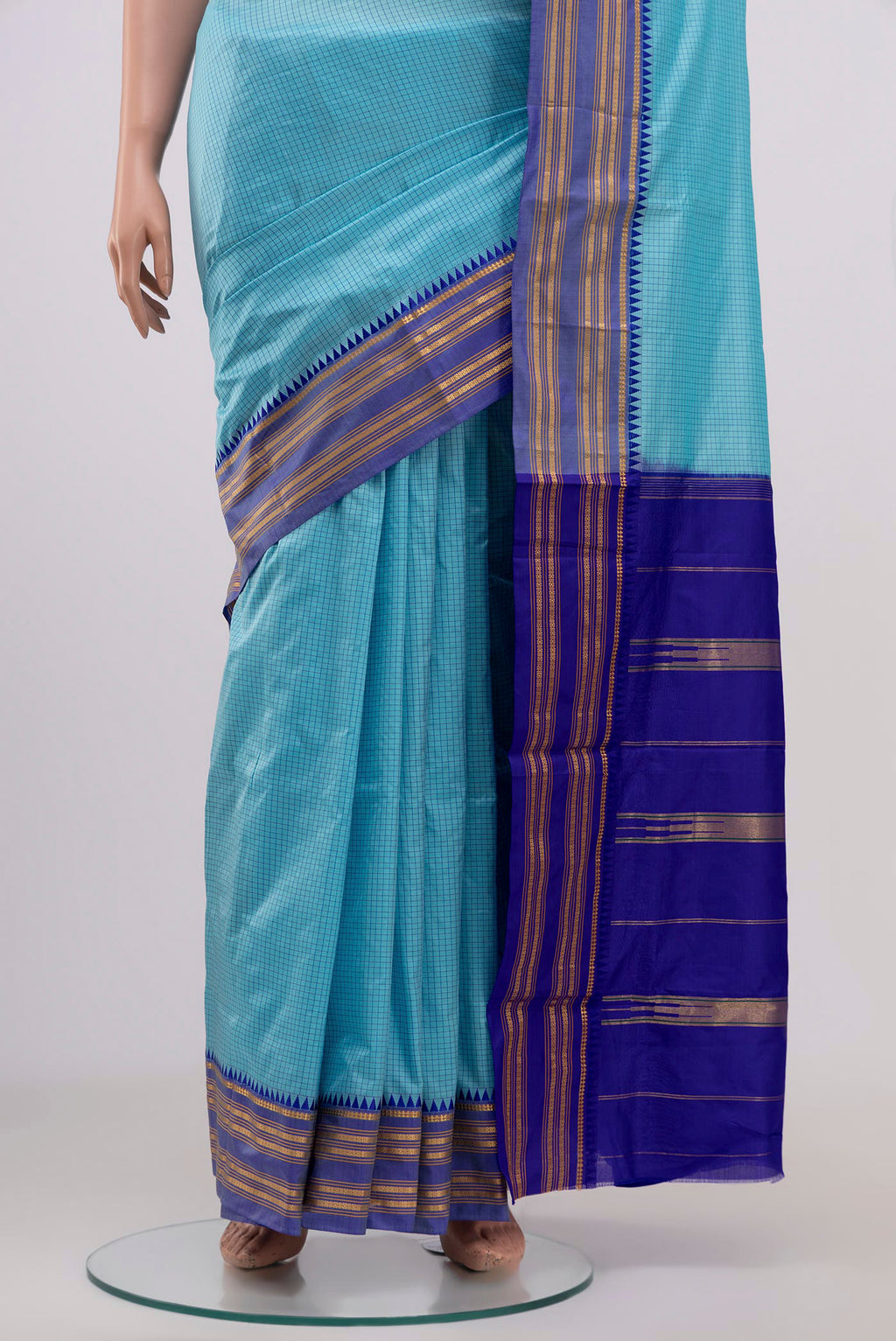 Pleats and pallu of Sky Blue Narayanpet Silk Saree with Checked design on the body and Thin Zari Line. 