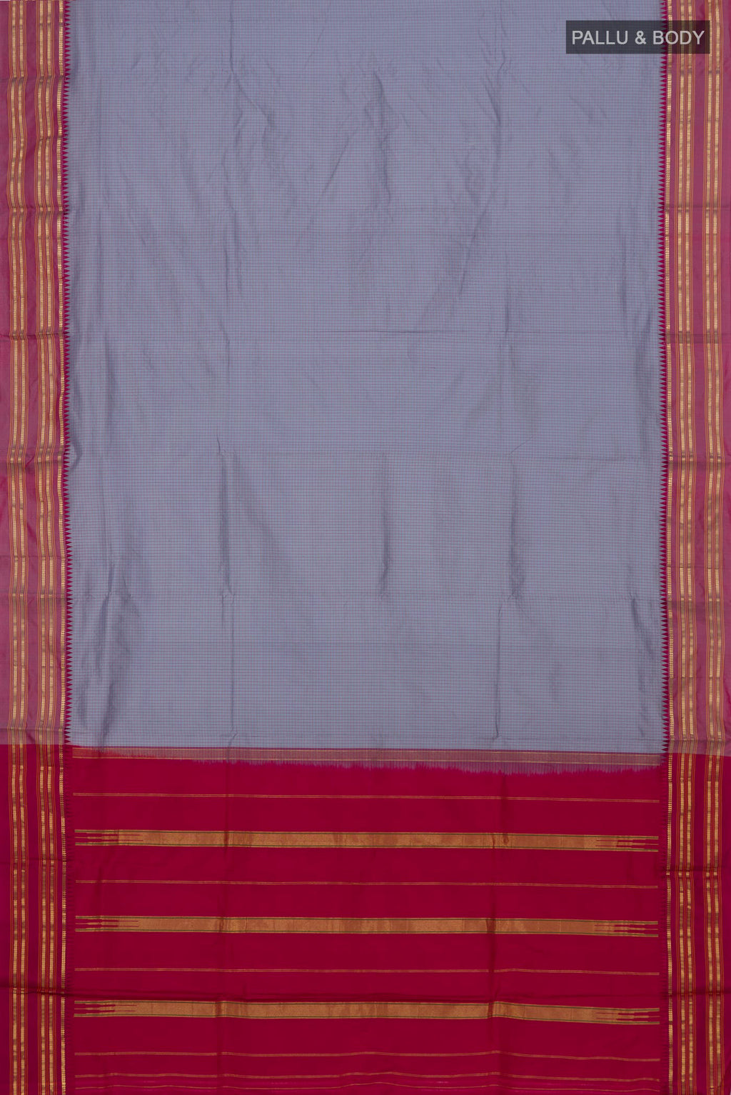 Flat view of Grey Narayanpet Silk Saree with Checked design on the body and Zari Border. 