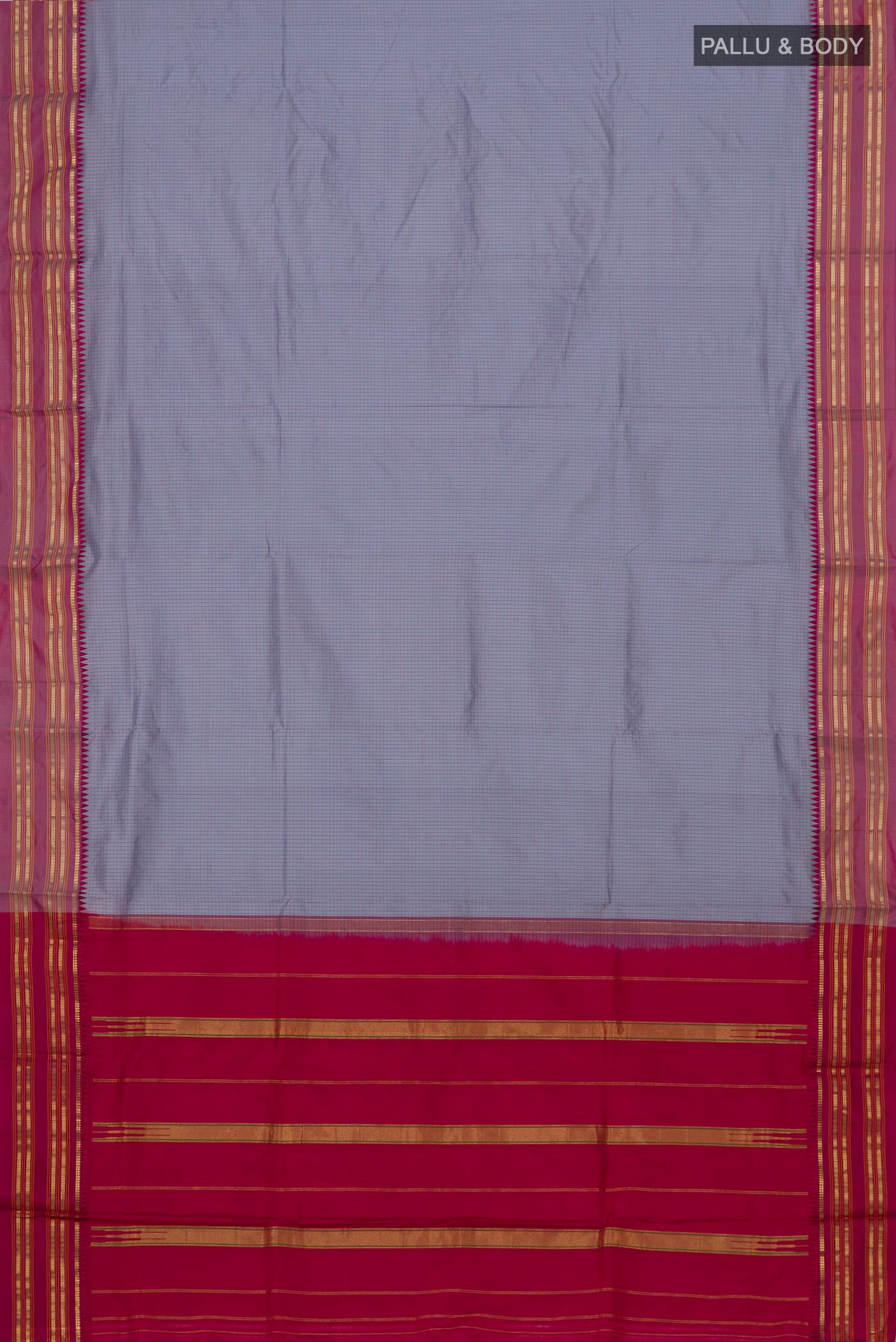 Flat view of Grey Narayanpet Silk Saree with Checked design on the body and Zari Border. 