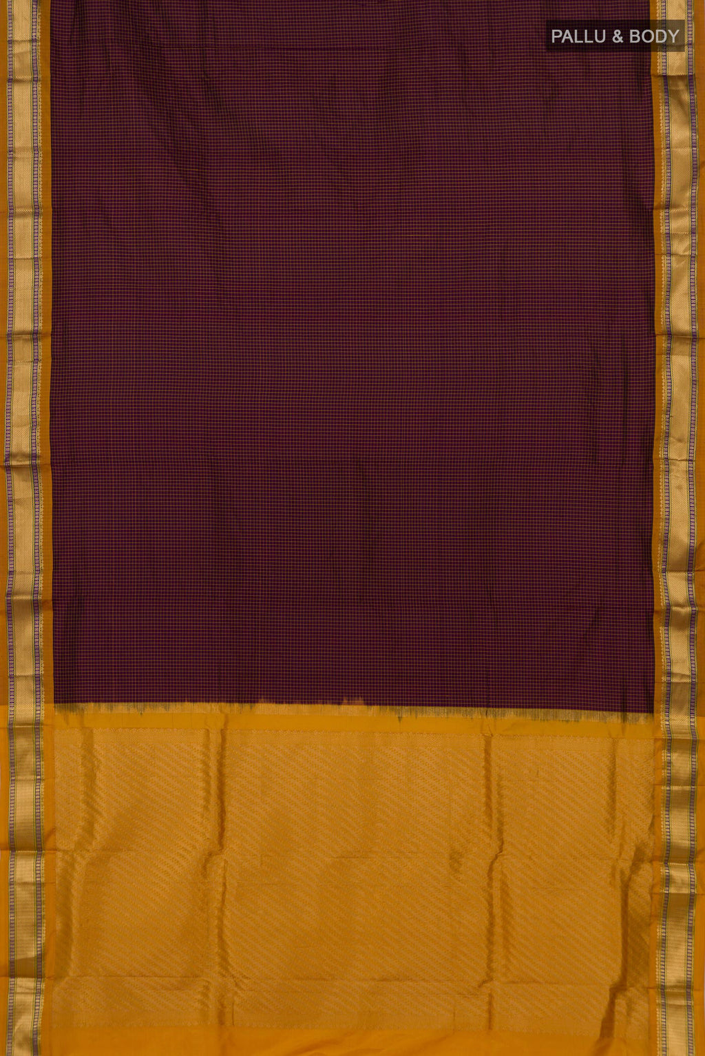 Flat view of Brown Narayanpet Silk Saree with Checked design on the body and Zari Border. 