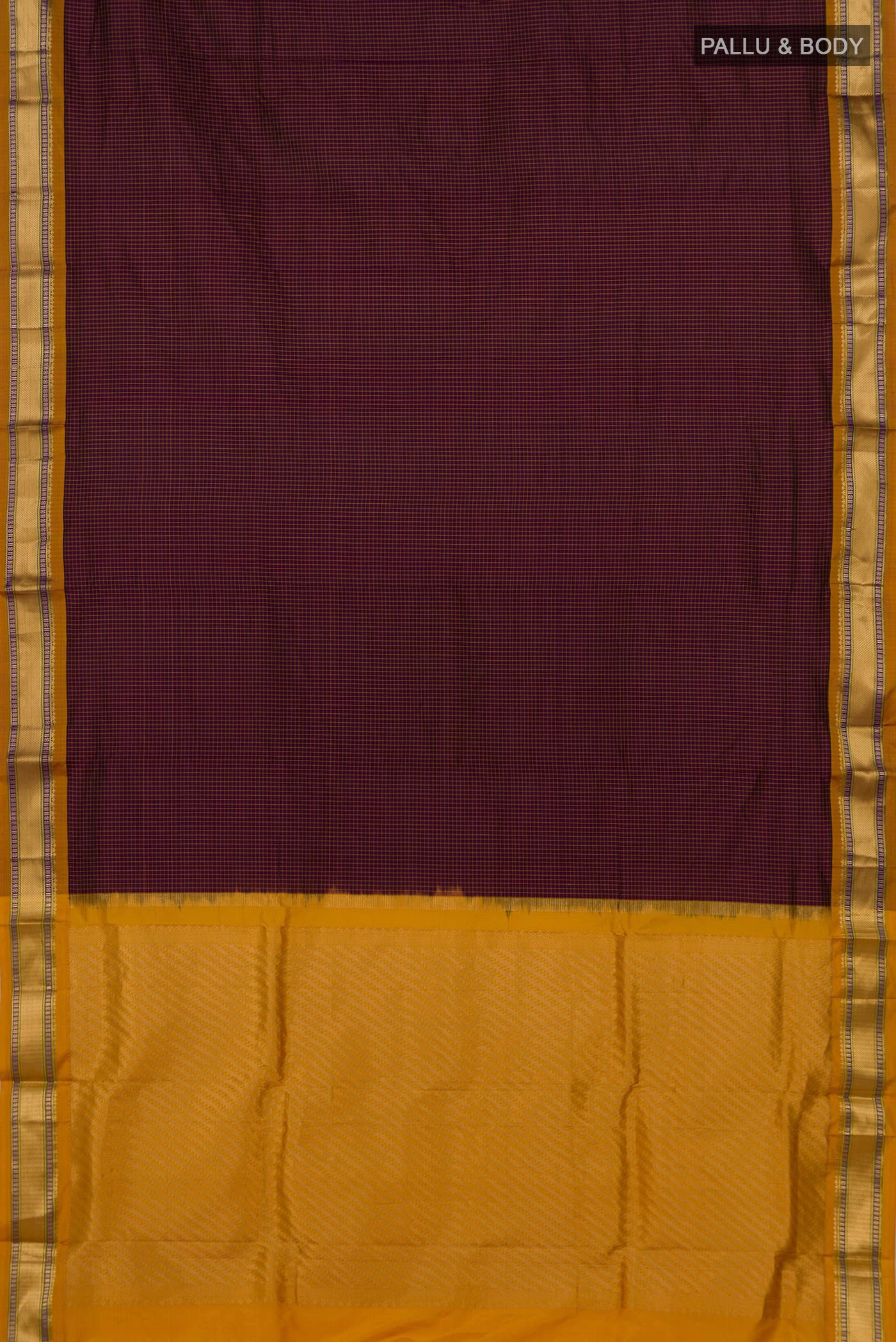 Flat view of Brown Narayanpet Silk Saree with Checked design on the body and Zari Border. 