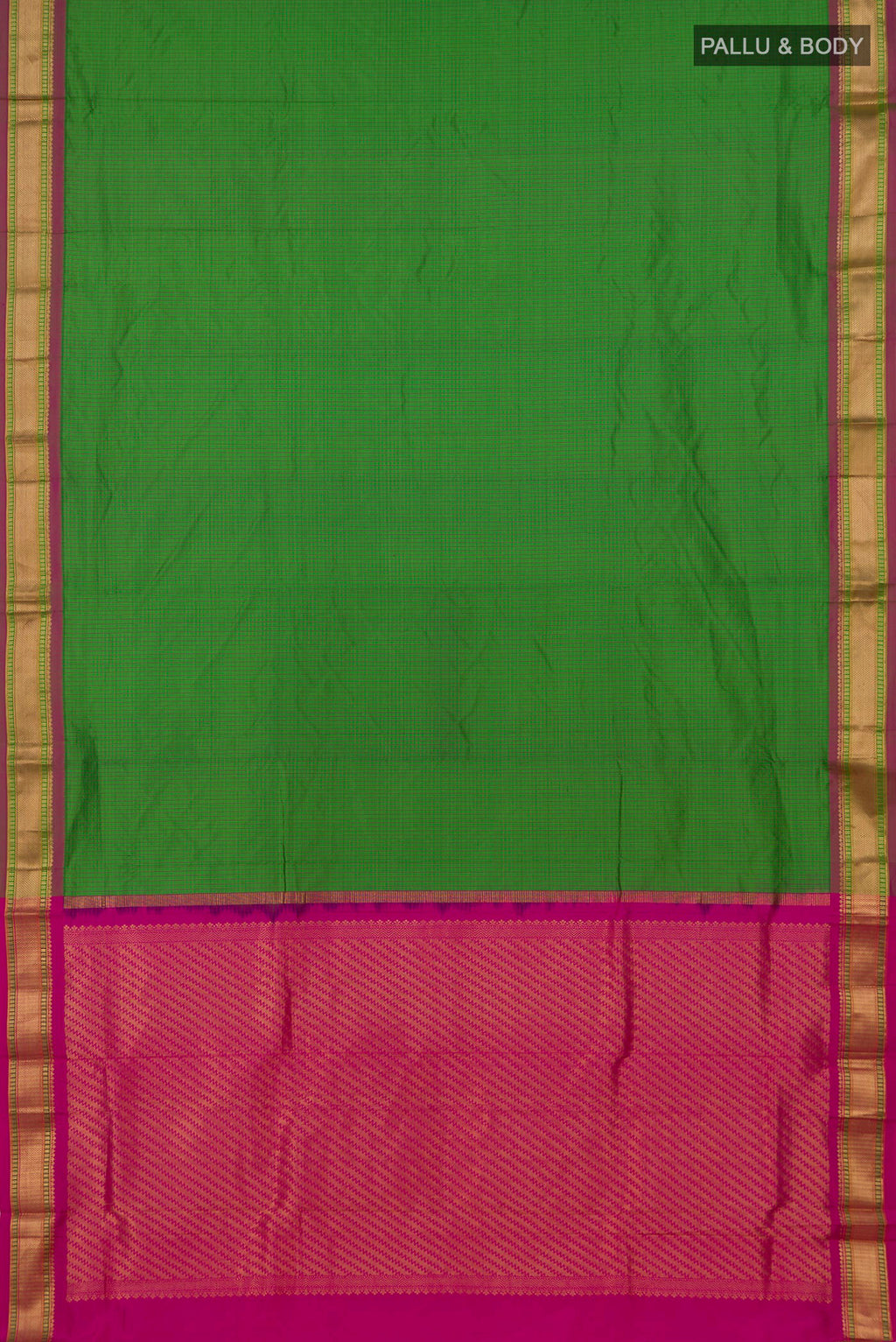 Flat view of Green Narayanpet Silk Saree with Checked design on the body and Zari Border. 