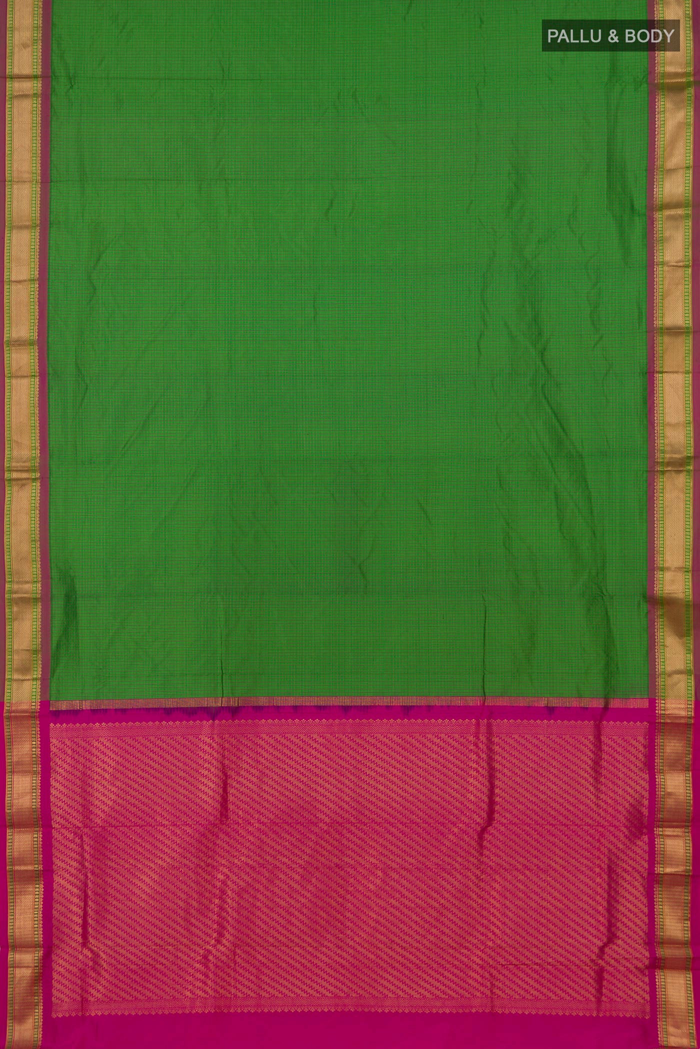 Flat view of Green Narayanpet Silk Saree with Checked design on the body and Zari Border. 