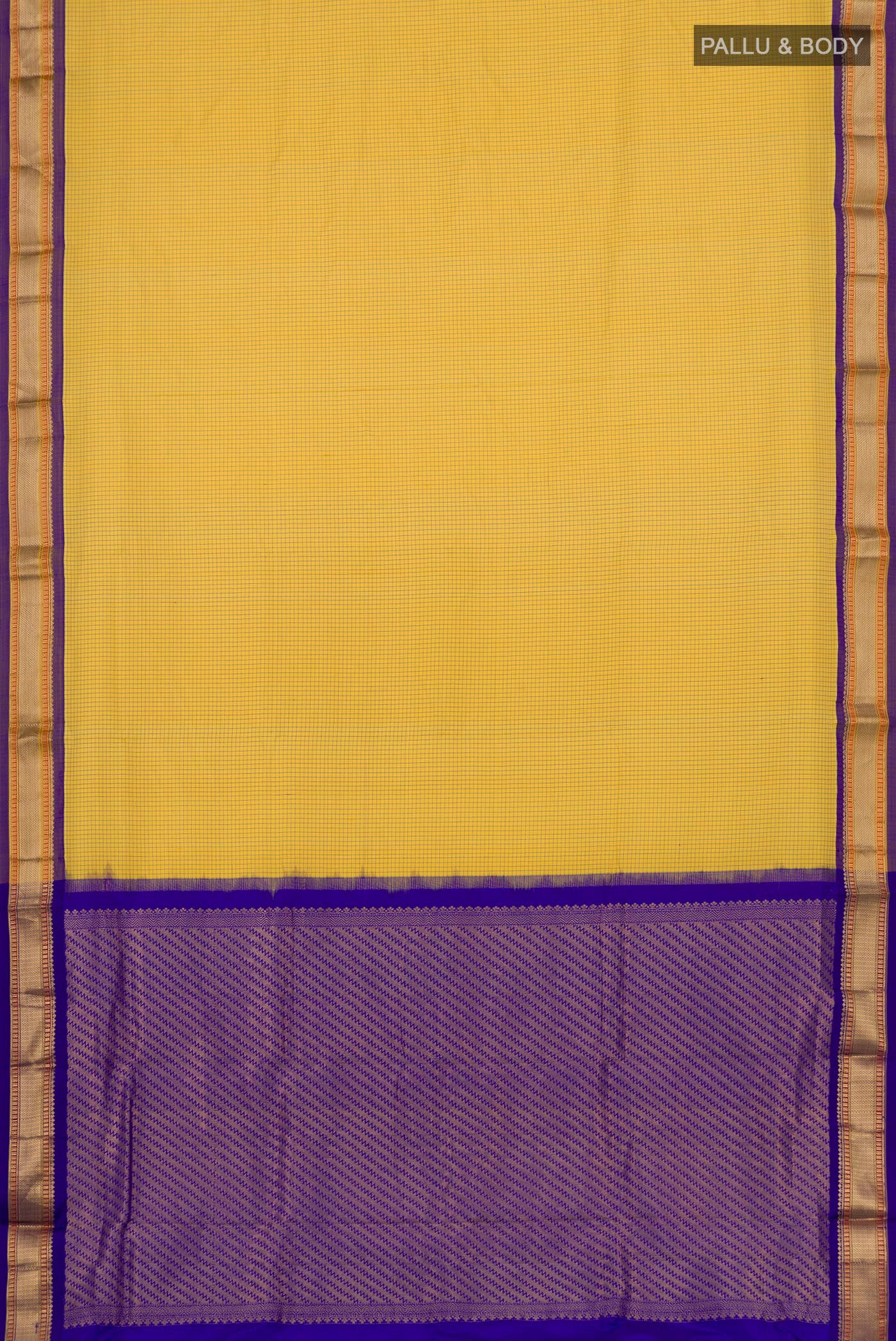Flat view of Yellow Narayanpet Silk Saree with Checked design on the body and Zari Border. 