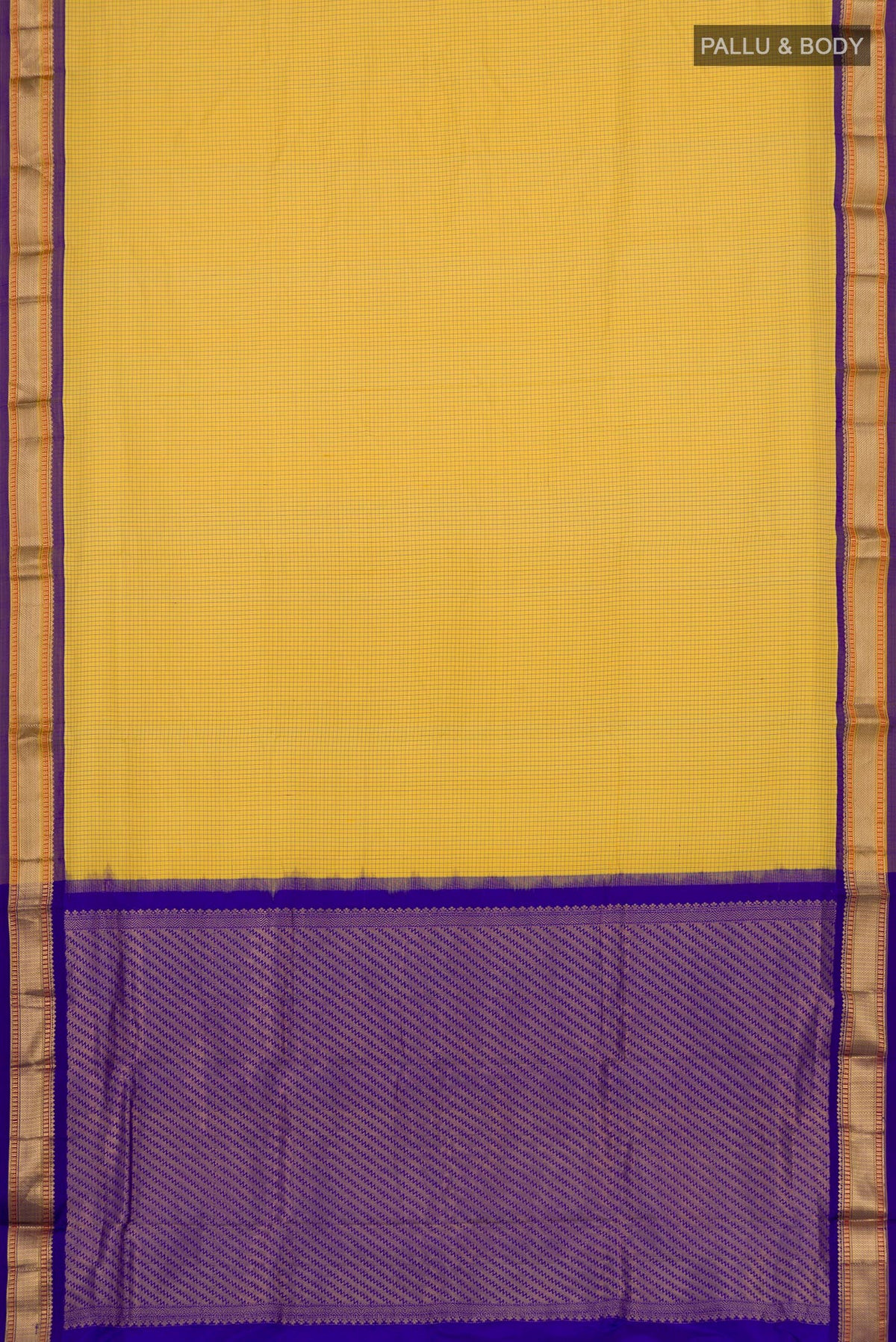 Flat view of Yellow Narayanpet Silk Saree with Checked design on the body and Zari Border. 