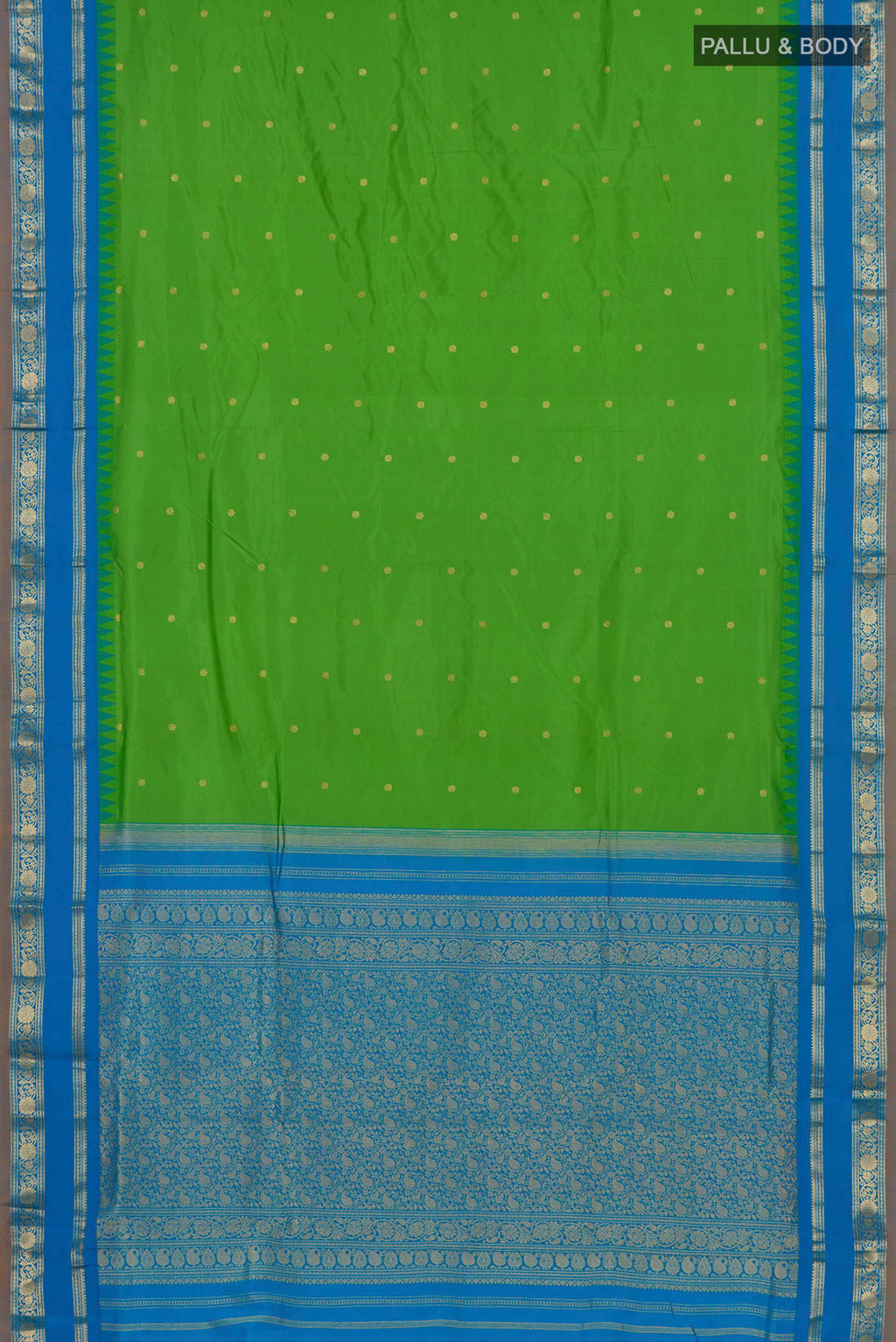 Flat view of Green Narayanpet Silk Saree with Zari Butta on the body and Zari Border. 
