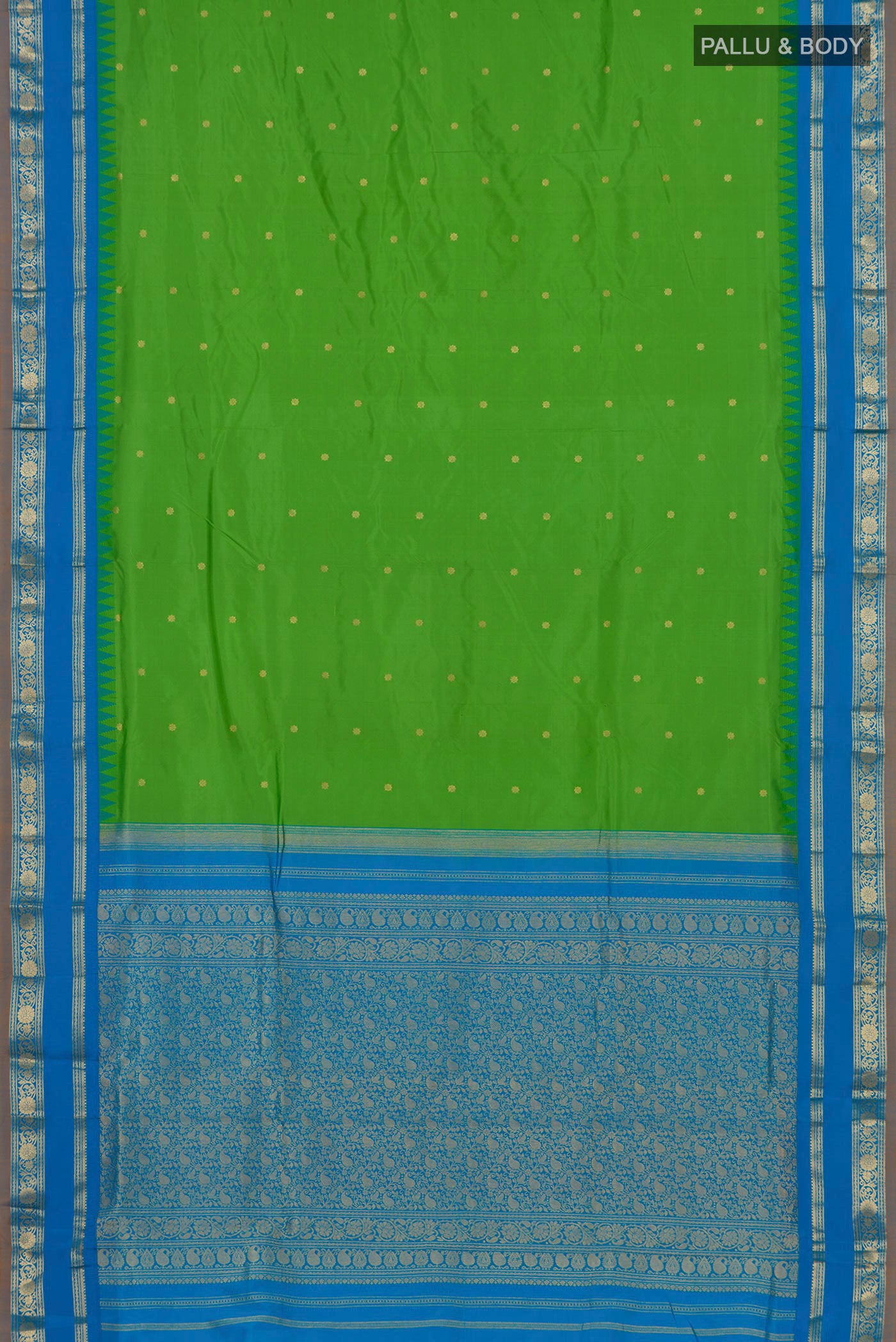Flat view of Green Narayanpet Silk Saree with Zari Butta on the body and Zari Border. 