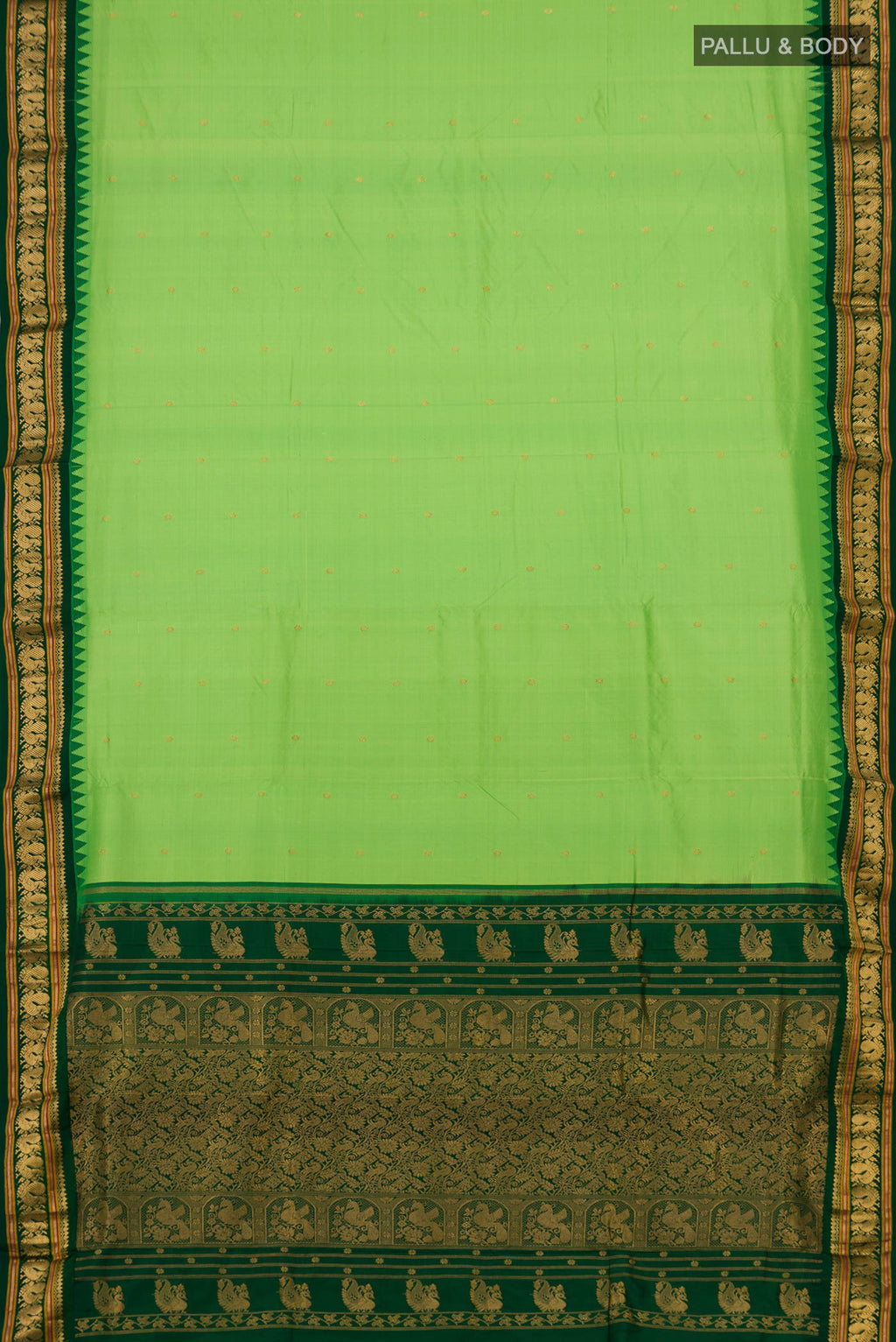 Flat view of Parrot Green Bangalore Silk Saree with Zari Butta on the body and Zari Border. 