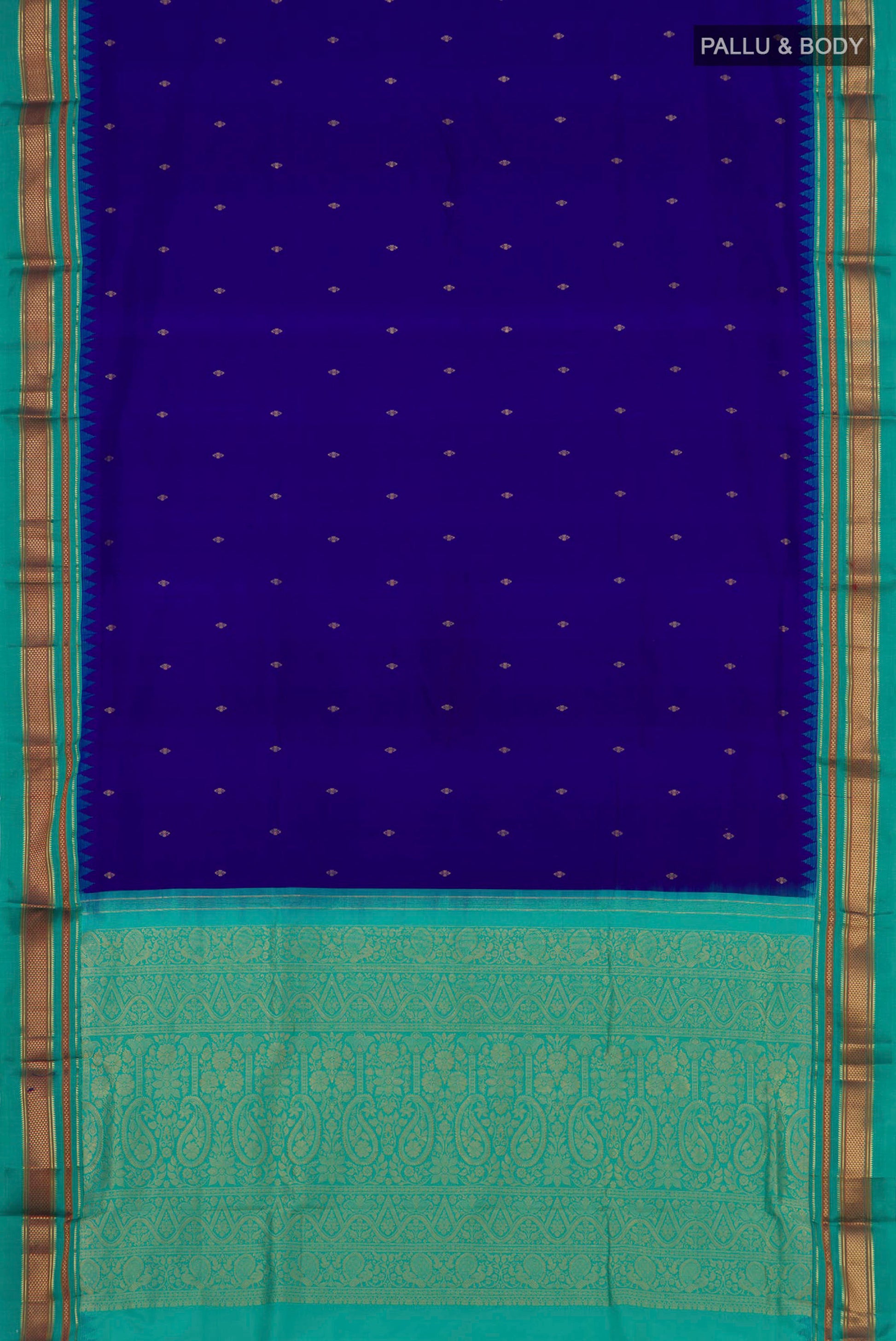 Flat view of Navy Blue Narayanpet Silk Saree with Zari Butta on the body and Zari Border. 