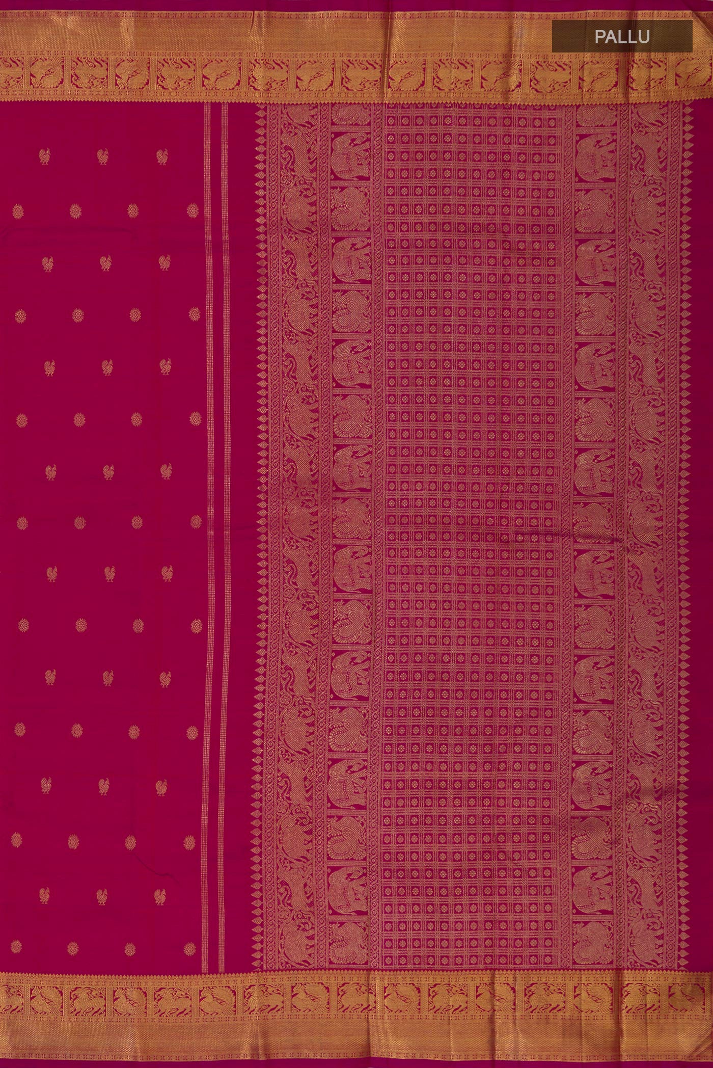 Close up image of the pallu of Pure Silk Pure Zari Pink Kanjivaram Saree with Zari Butta on the body and Zari Border. 