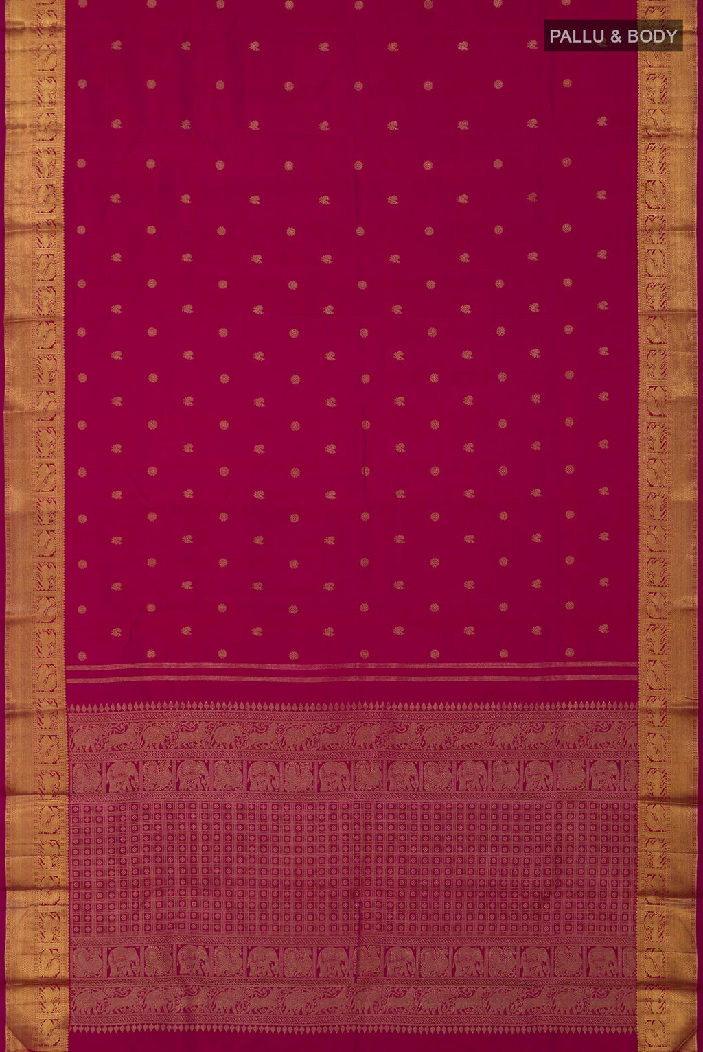 Flat view of Pure Silk Pure Zari Pink Kanjivaram Saree with Zari Butta on the body and Zari Border. 