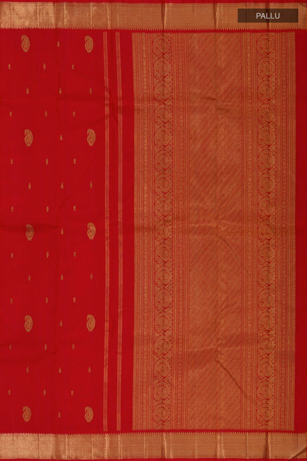 Close up image of the pallu of Pure Silk Pure Zari Red Kanchipuram Saree with Zari Butta on the body and Zari Border. 