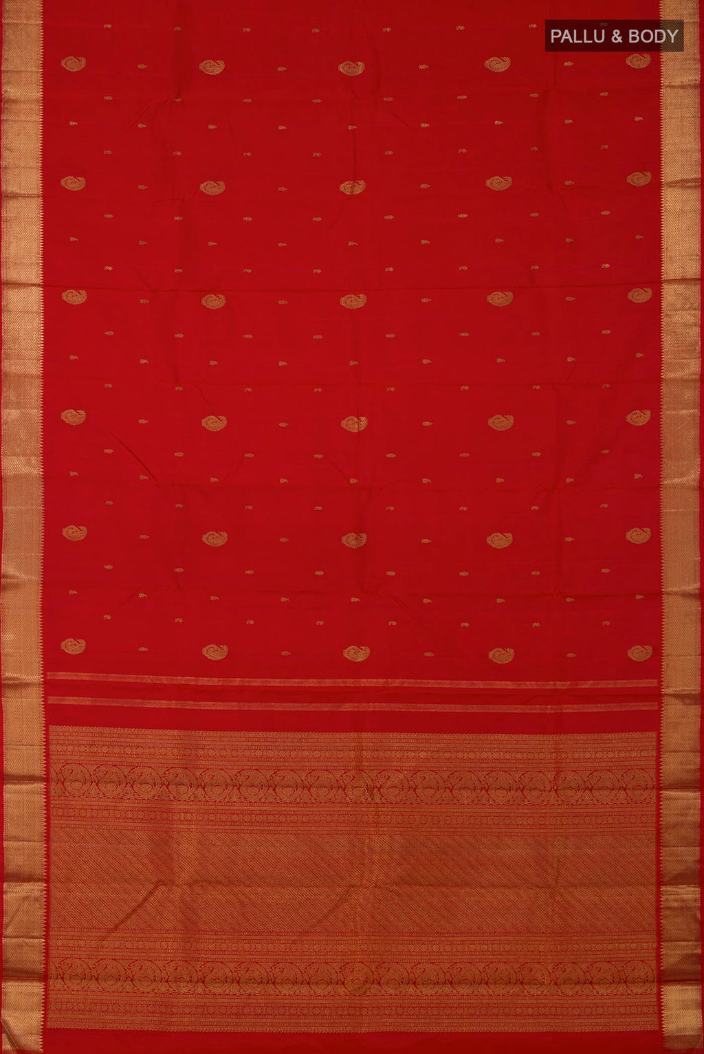 Flat view of Pure Silk Pure Zari Red Kanchipuram Saree with Zari Butta on the body and Zari Border. 