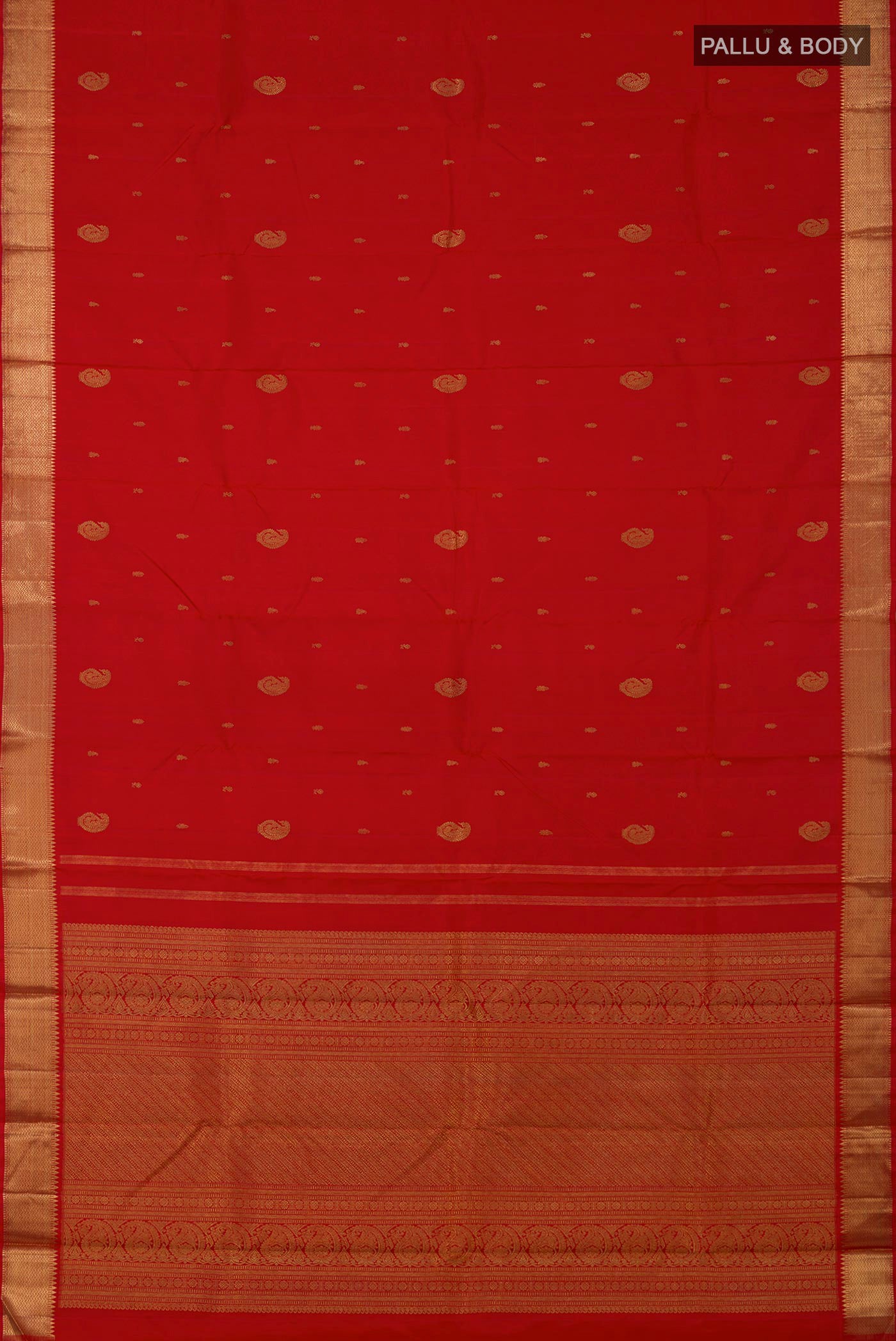 Flat view of Pure Silk Pure Zari Red Kanchipuram Saree with Zari Butta on the body and Zari Border. 