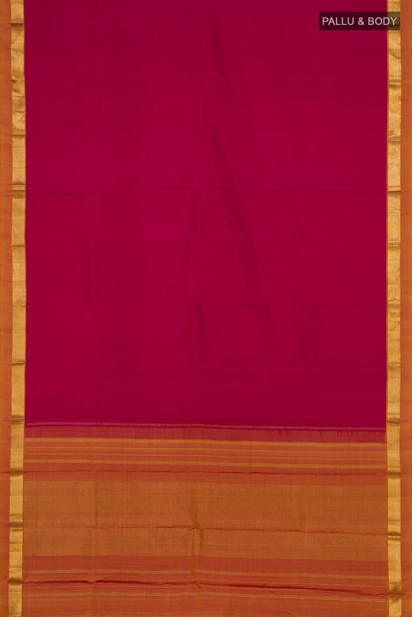 Flat view of Maroon Kanjivaram Silk Saree with Plain Body and Zari Border. 