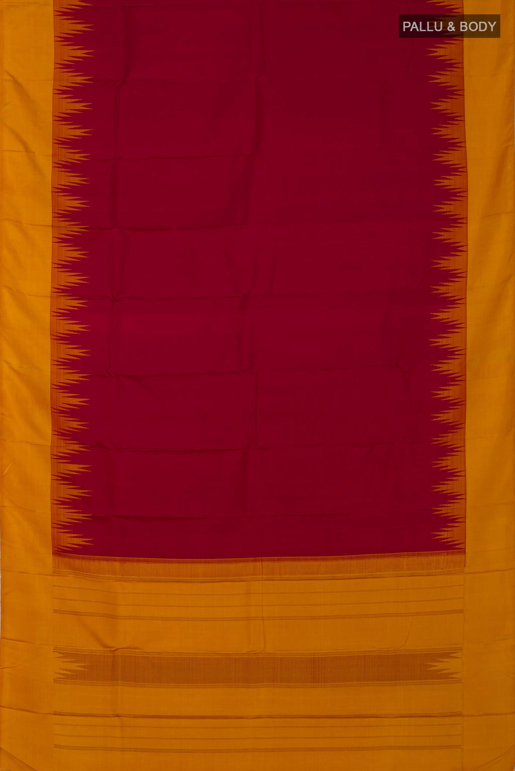 Flat view of Maroon Kanjivaram Silk Saree with Plain Body and Temple Border. 