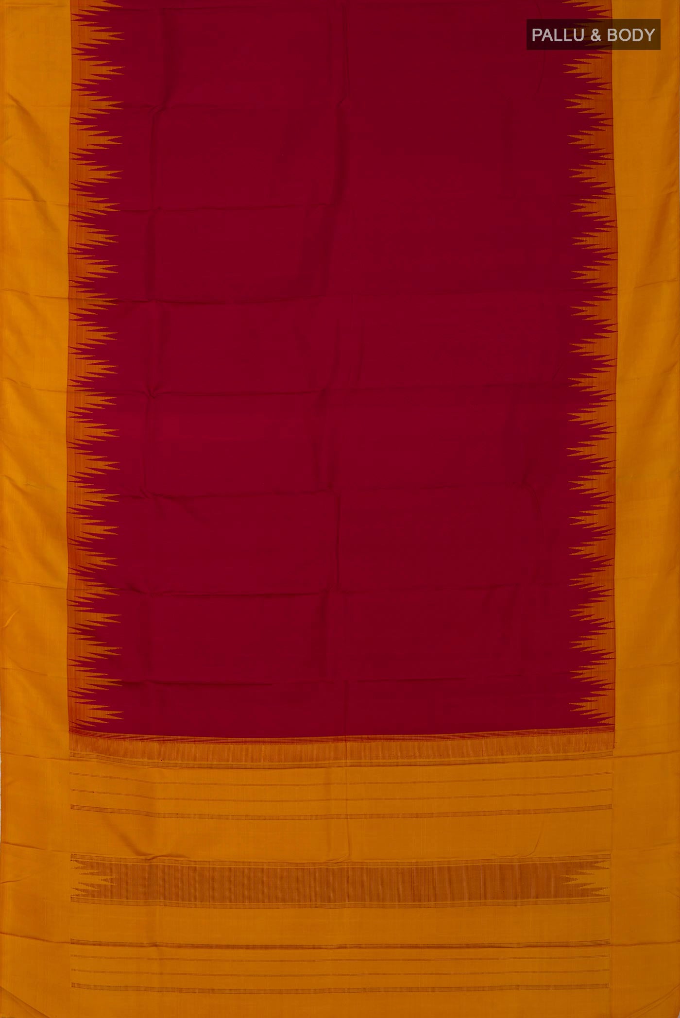 Flat view of Maroon Kanjivaram Silk Saree with Plain Body and Temple Border. 