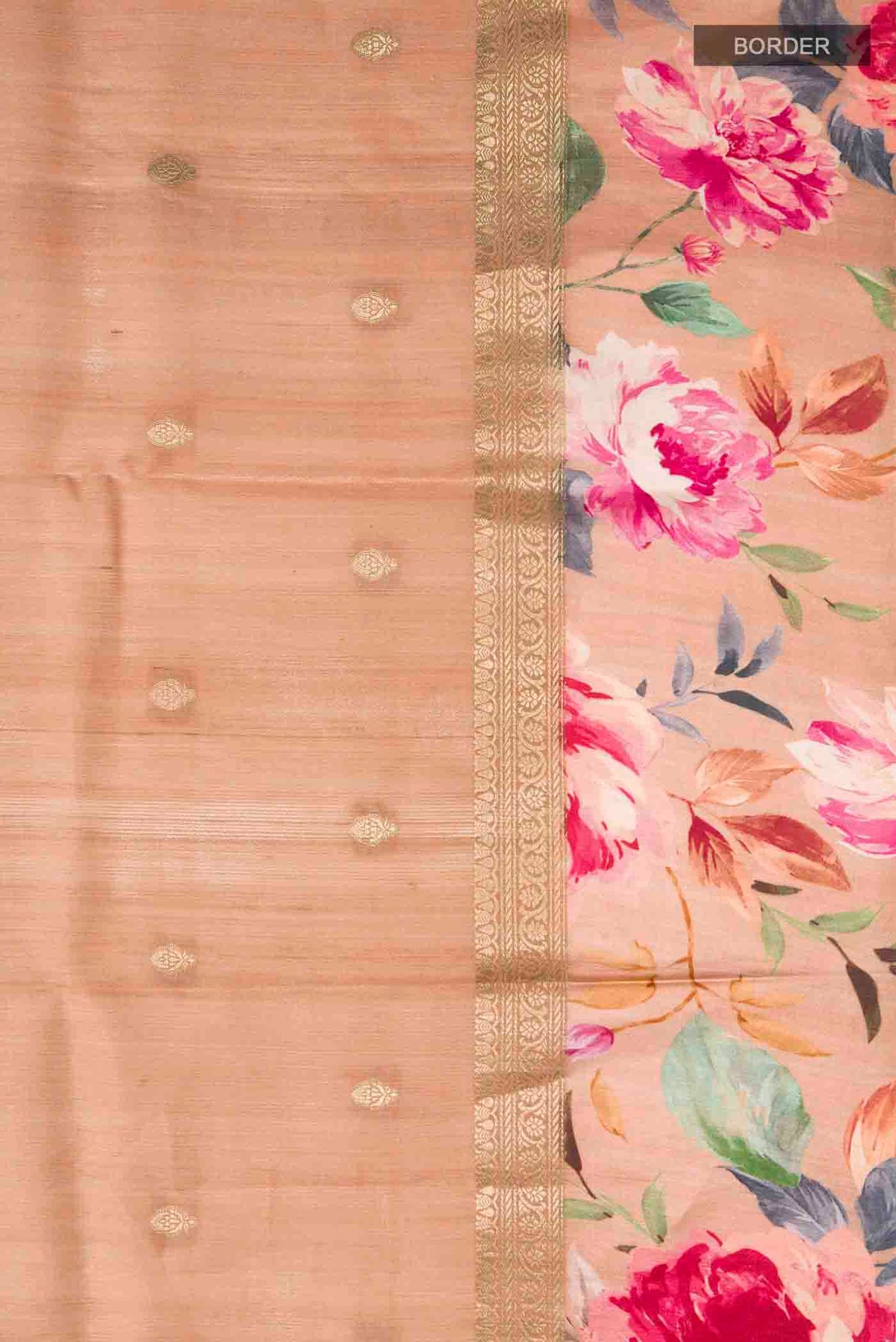 Border image of Brown Tussar Silk Saree with Zari Butta on the body and Printed Border