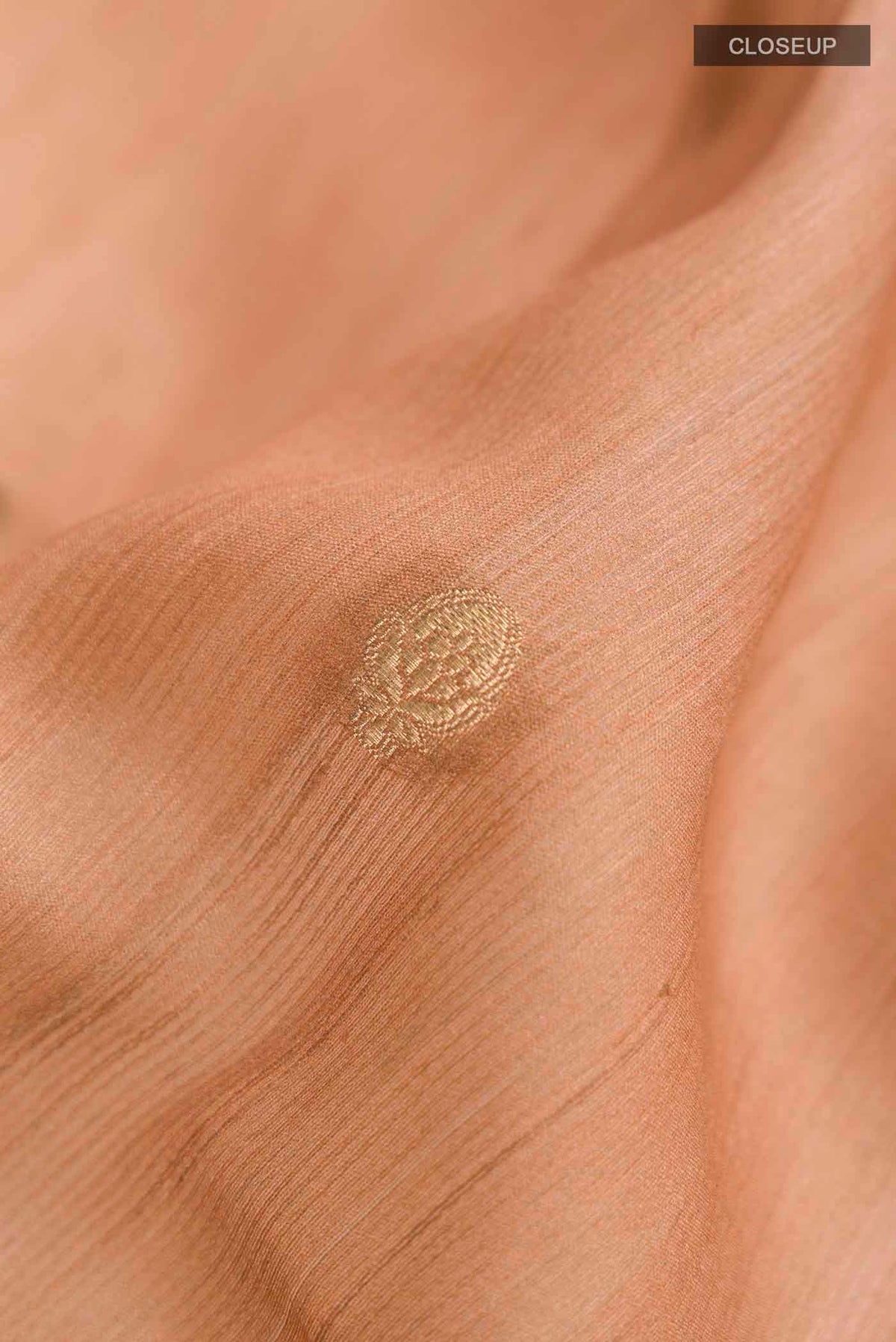 Close up of Brown Tussar Silk Saree with Zari Butta on the body and Printed Border displaying folds