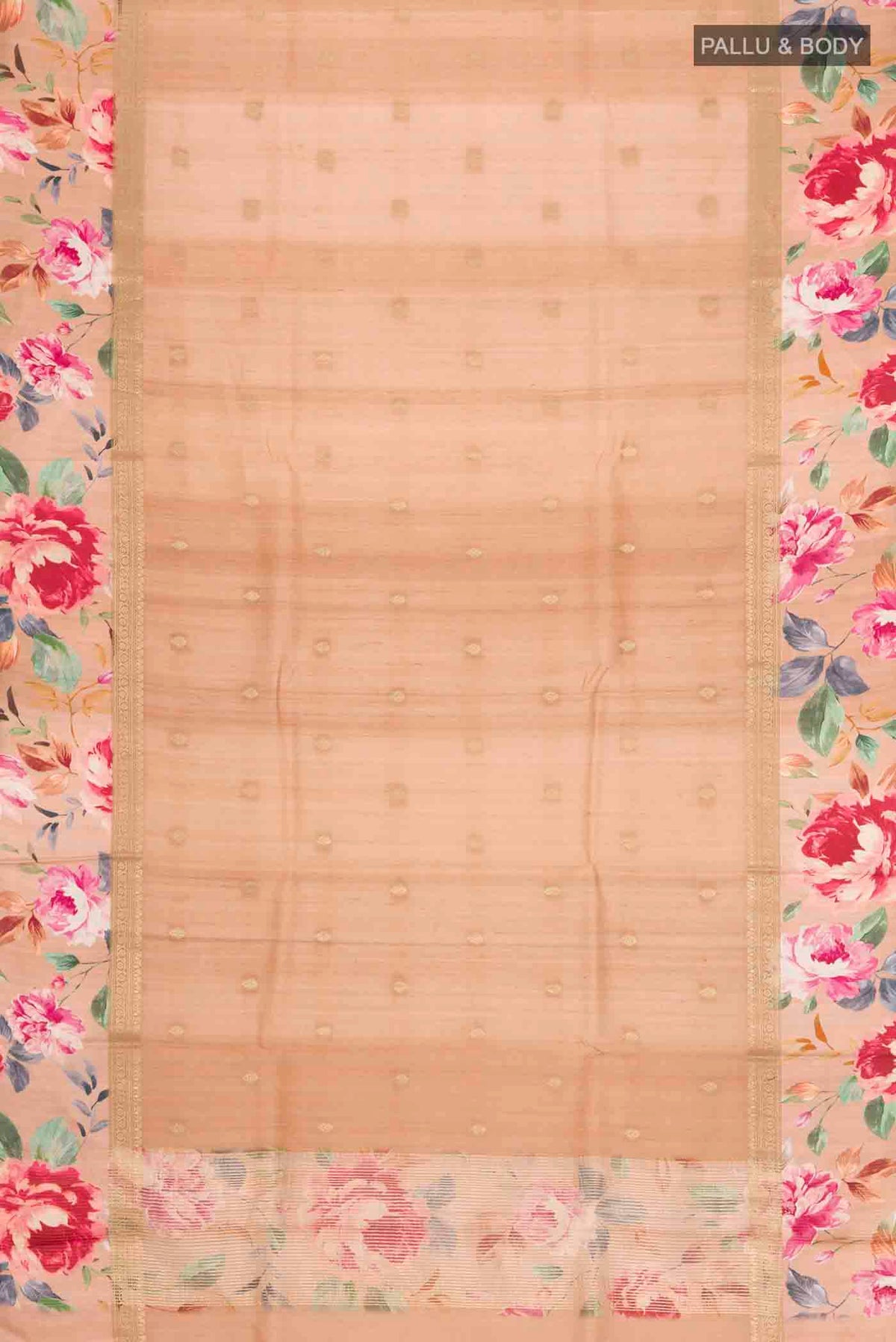 Flat view of Brown Tussar Silk Saree with Zari Butta on the body and Printed Border