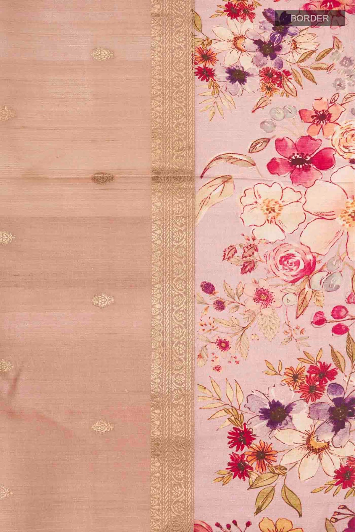 Border image of Peach Tussar Silk Saree with Zari Butta on the body and Printed Border