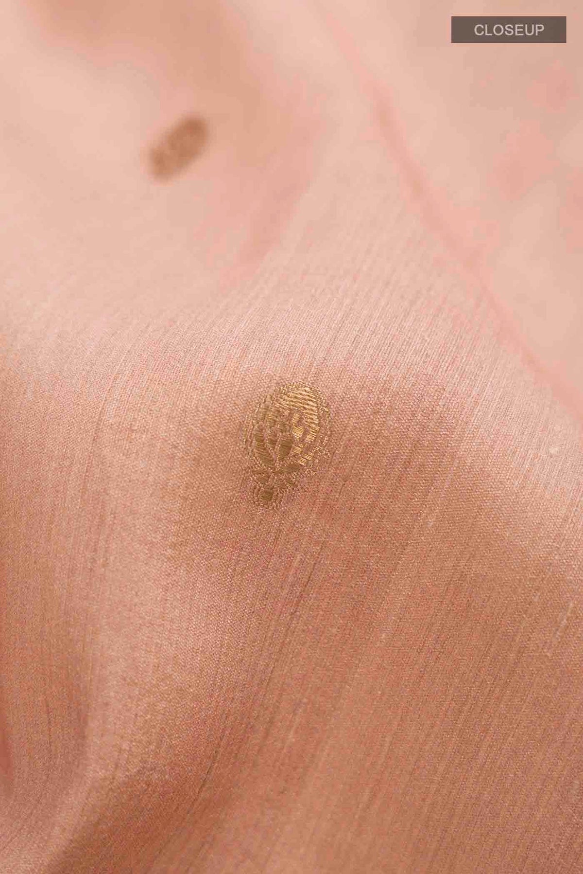 Close up of Peach Tussar Silk Saree with Zari Butta on the body and Printed Border displaying folds
