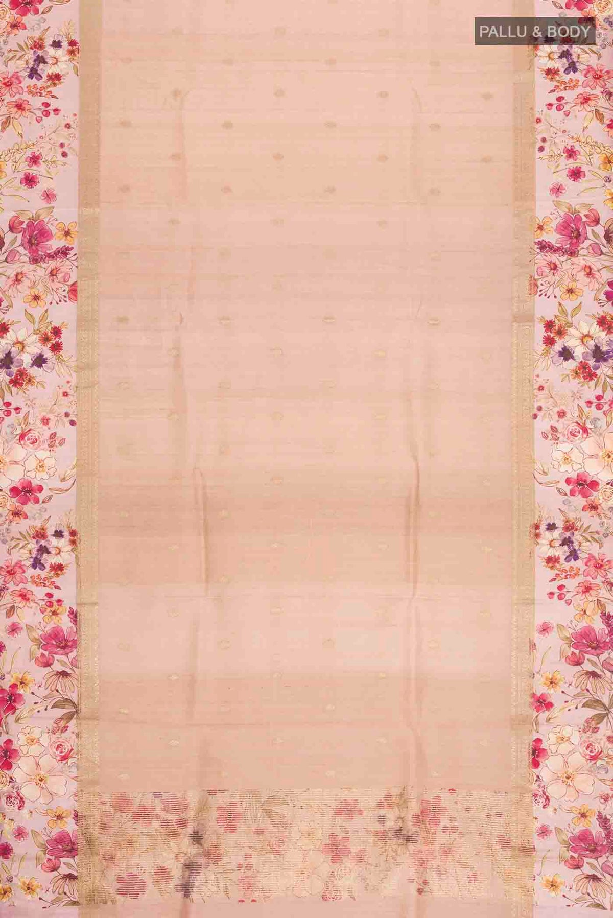 Flat view of Peach Tussar Silk Saree with Zari Butta on the body and Printed Border