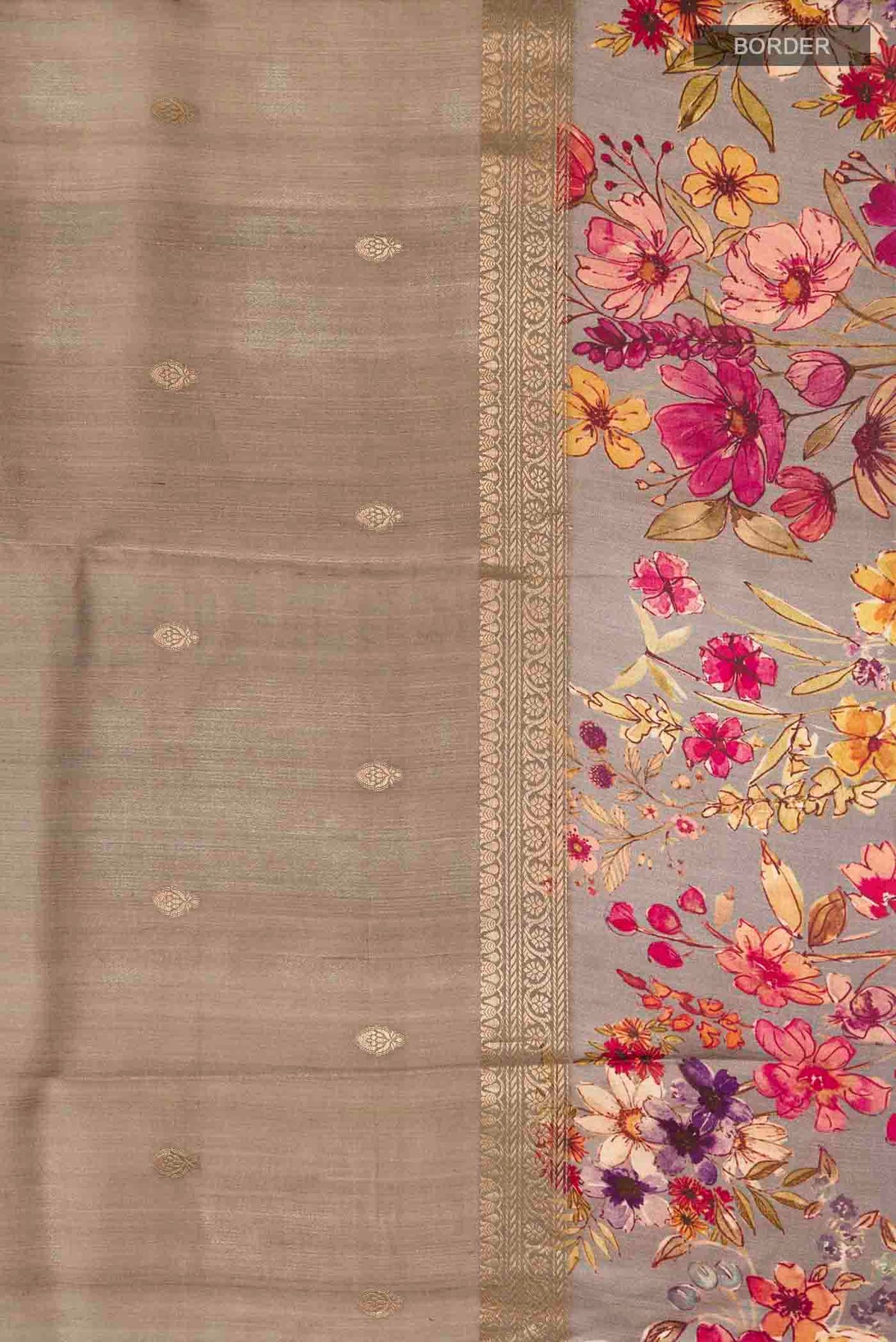 Border image of Grey Tussar Silk Saree with Zari Butta on the body and Printed Border
